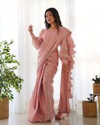 READY TO WEAR PREDRAPPED REAY TO WEAR SAREE WITH FULL STTICHED BLOUSE JIMMY CHOO FABRIC PINK