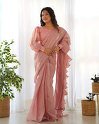 READY TO WEAR PREDRAPPED REAY TO WEAR SAREE WITH FULL STTICHED BLOUSE JIMMY CHOO FABRIC PINK
