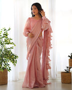 READY TO WEAR PREDRAPPED REAY TO WEAR SAREE WITH FULL STTICHED BLOUSE JIMMY CHOO FABRIC PINK