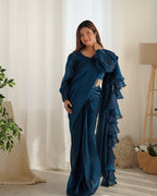 READY TO WEAR PREDRAPPED REAY TO WEAR SAREE WITH FULL STTICHED BLOUSE JIMMY CHOO FABRIC BLUE