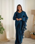 READY TO WEAR PREDRAPPED REAY TO WEAR SAREE WITH FULL STTICHED BLOUSE JIMMY CHOO FABRIC BLUE
