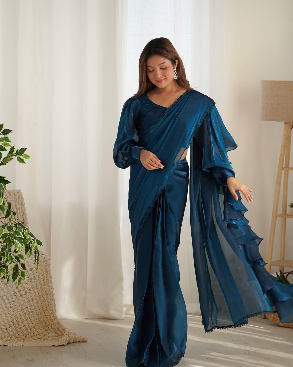 READY TO WEAR PREDRAPPED REAY TO WEAR SAREE WITH FULL STTICHED BLOUSE JIMMY CHOO FABRIC BLUE