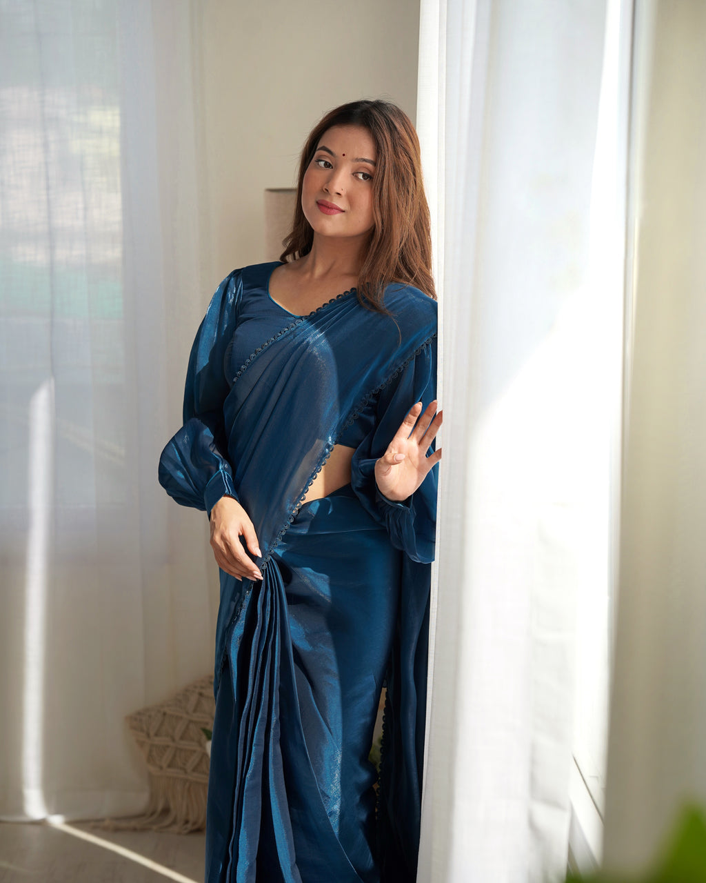 READY TO WEAR PREDRAPPED REAY TO WEAR SAREE WITH FULL STTICHED BLOUSE JIMMY CHOO FABRIC BLUE