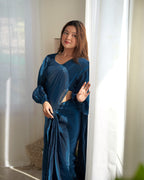 READY TO WEAR PREDRAPPED REAY TO WEAR SAREE WITH FULL STTICHED BLOUSE JIMMY CHOO FABRIC BLUE
