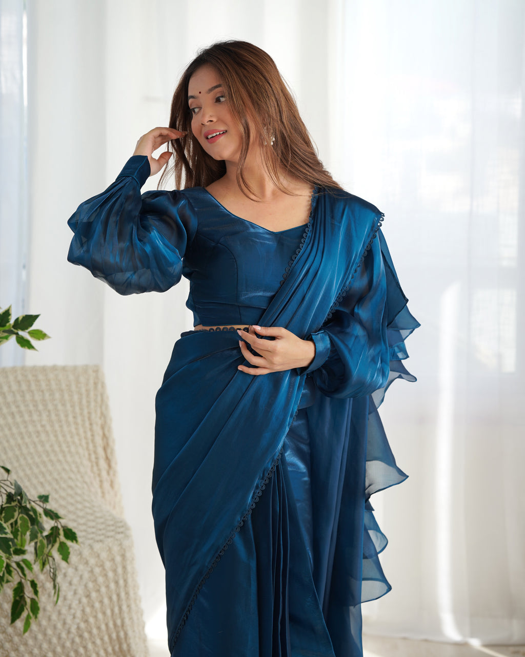 READY TO WEAR PREDRAPPED REAY TO WEAR SAREE WITH FULL STTICHED BLOUSE JIMMY CHOO FABRIC BLUE