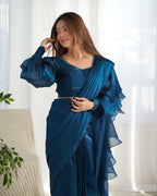 READY TO WEAR PREDRAPPED REAY TO WEAR SAREE WITH FULL STTICHED BLOUSE JIMMY CHOO FABRIC BLUE