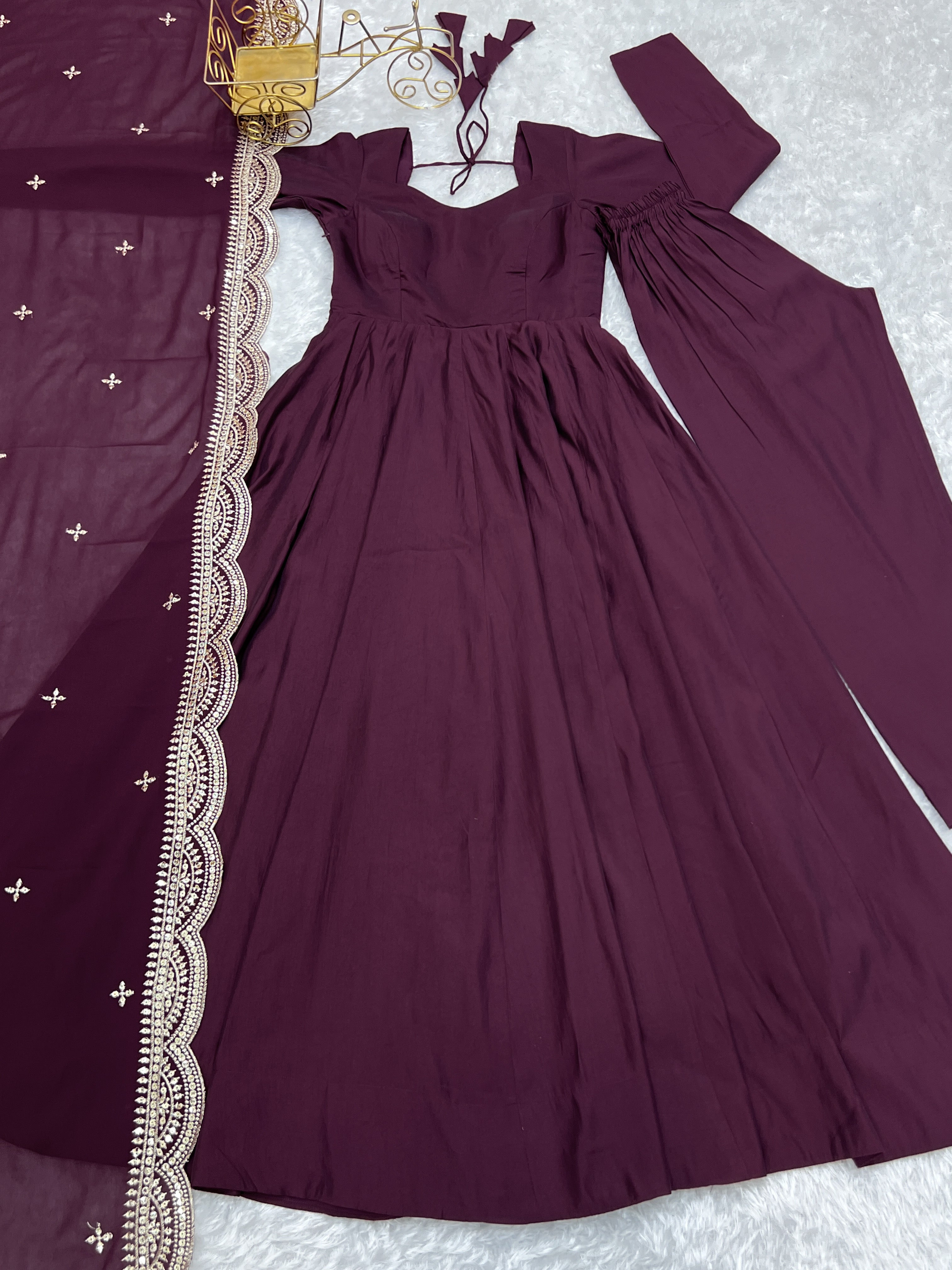 NKB-40 PRESENTING NEW PREMIUM QUALITY PURE ROMANSILK CHANDERI FABRIC FULLY FLAIR ANARKALI WITH DUPPTA SET PENT READY TO WEAR WINE