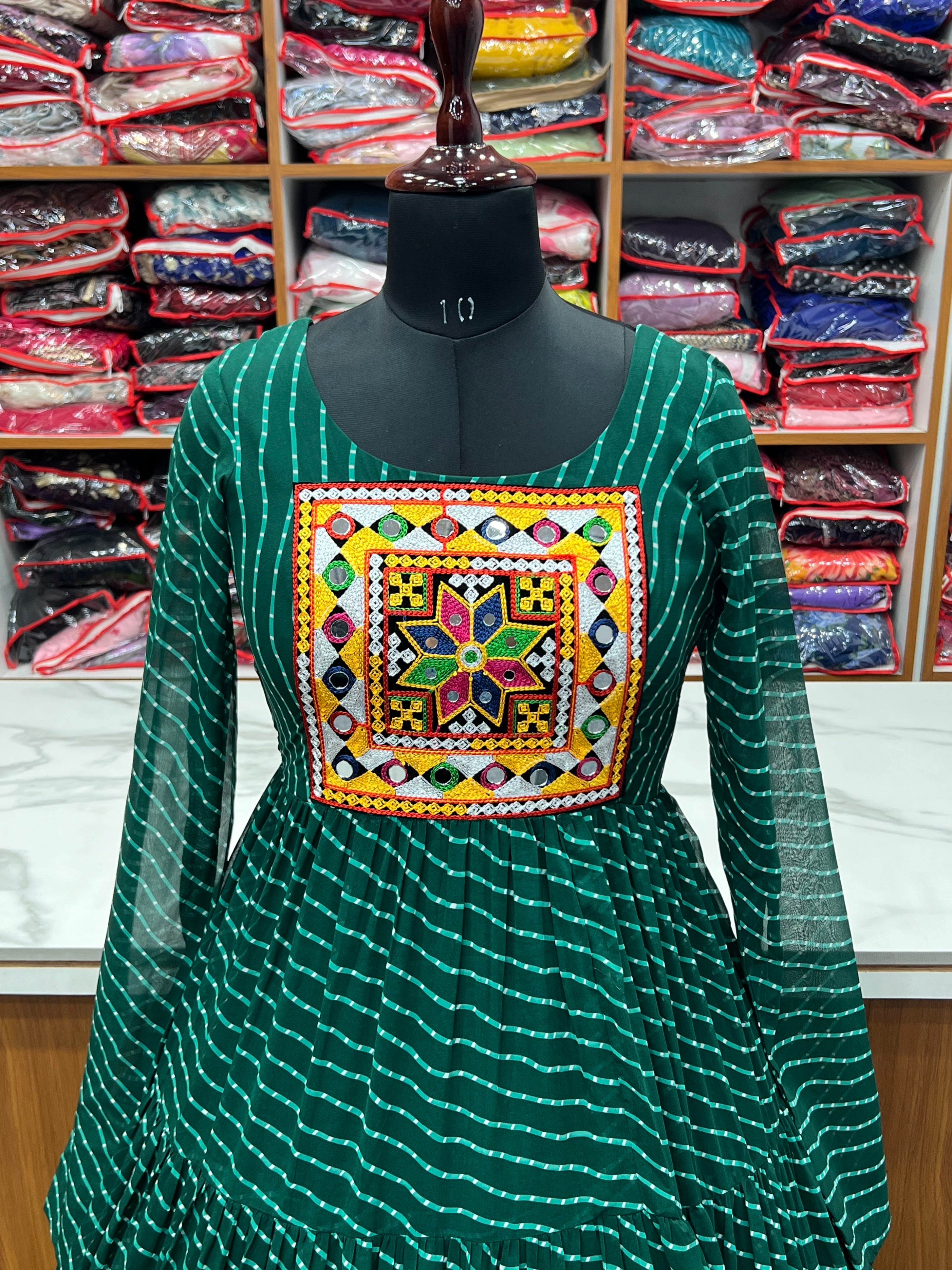 NKB-43 PURE SOFT FOX GEORGETTE LAHERIYA PRINT FABRIC FULLY FLAIR ANARKALI FULLY STTICHED GOWN READY TO WEAR GREEN