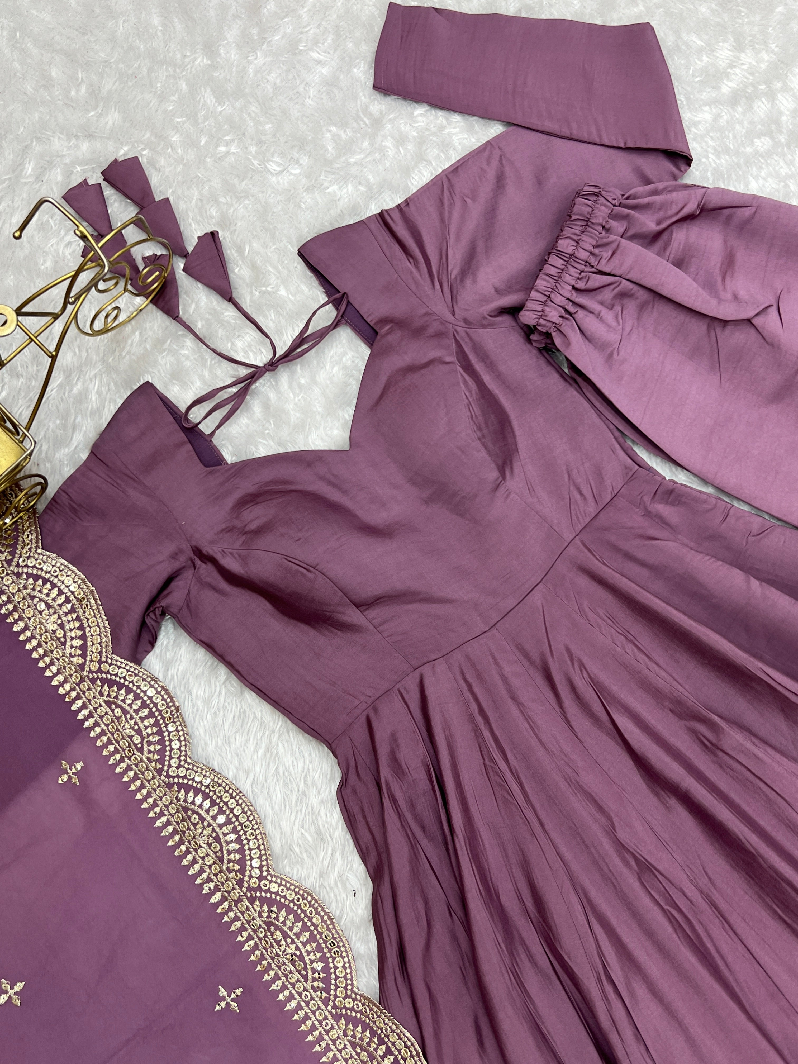 NKB-40 PRESENTING NEW PREMIUM QUALITY PURE ROMANSILK CHANDERI FABRIC FULLY FLAIR ANARKALI WITH DUPPTA SET PENT READY TO WEAR MAUVE