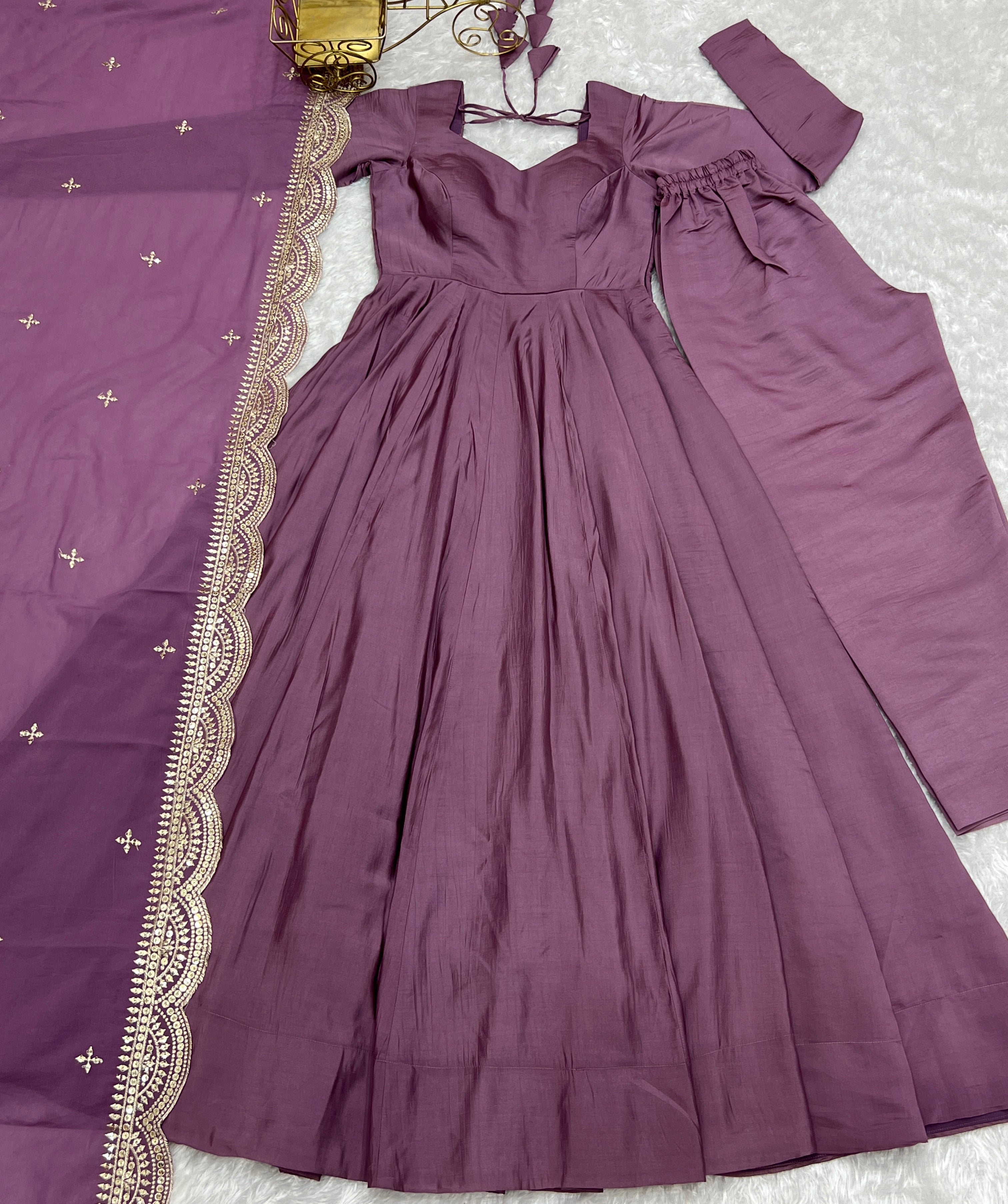 NKB-40 PRESENTING NEW PREMIUM QUALITY PURE ROMANSILK CHANDERI FABRIC FULLY FLAIR ANARKALI WITH DUPPTA SET PENT READY TO WEAR MAUVE