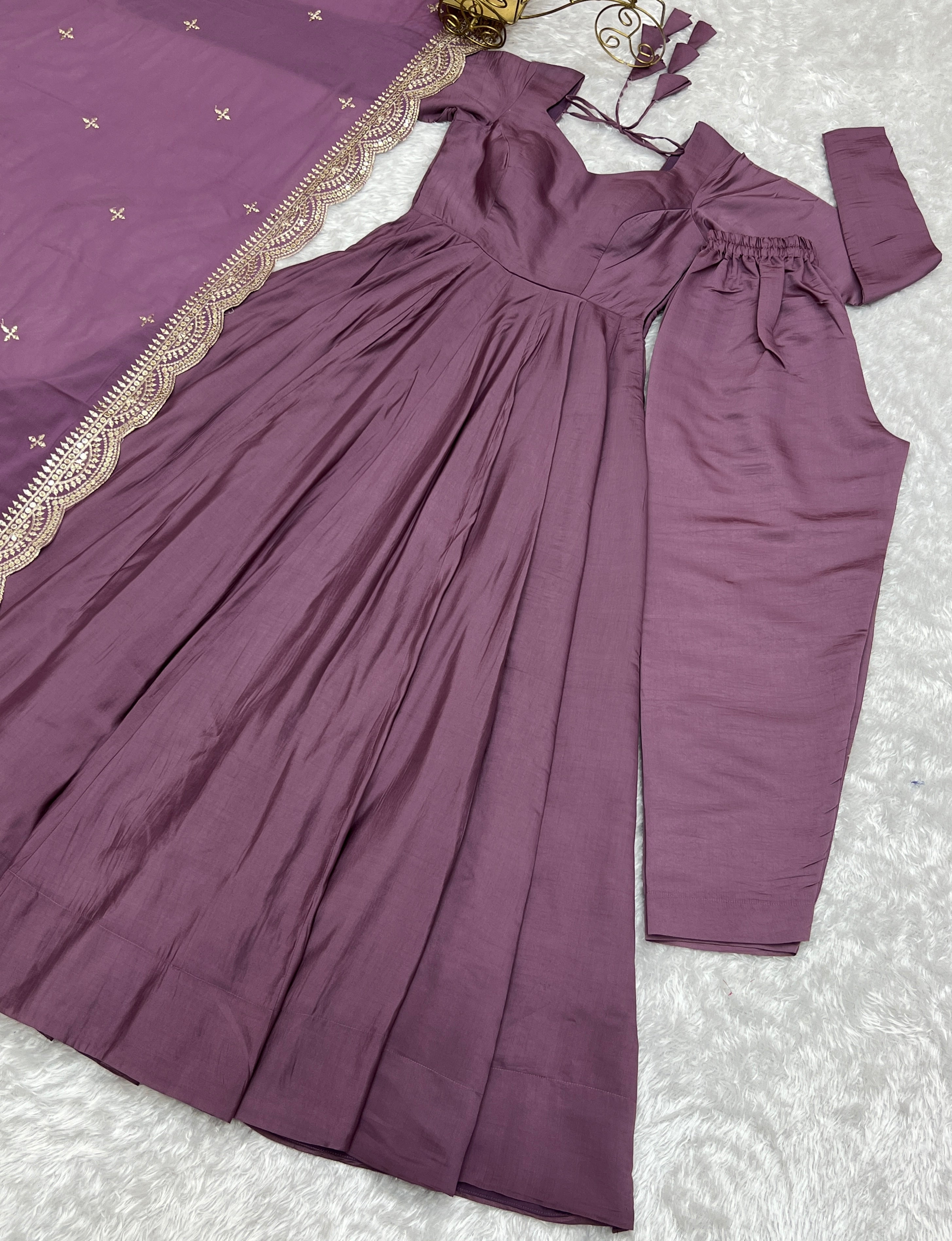 NKB-40 PRESENTING NEW PREMIUM QUALITY PURE ROMANSILK CHANDERI FABRIC FULLY FLAIR ANARKALI WITH DUPPTA SET PENT READY TO WEAR MAUVE