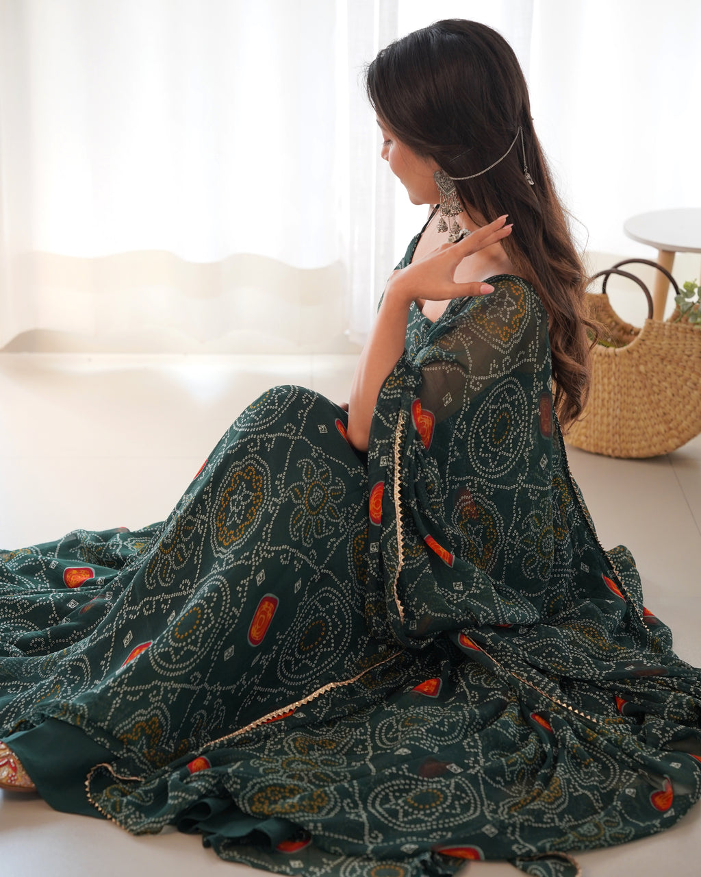 NKB-31BOTTLE GREEN AND PINK PRESENTING NEW DESIGNER PURE SOFT LIGHTWEIGHT CHIFFON BANDHEJ FULLY FLAIR GOWNDUPPTA PENT SET GREEN READY TO WEAR FULLY STTICHED