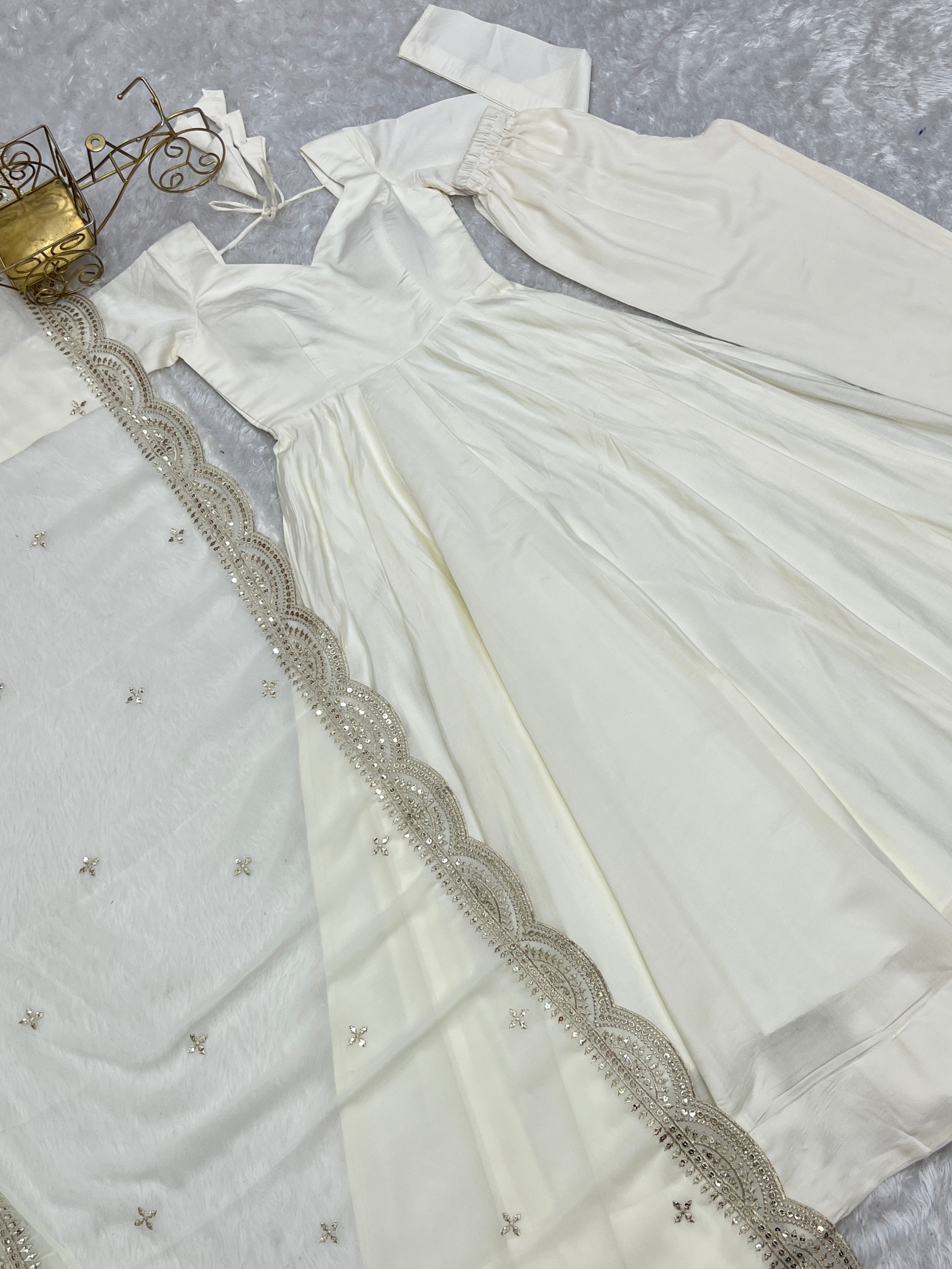 NKB-40 PRESENTING NEW PREMIUM QUALITY PURE ROMANSILK CHANDERI FABRIC FULLY FLAIR ANARKALI WITH DUPPTA SET PENT READY TO WEAR OFFWHITE