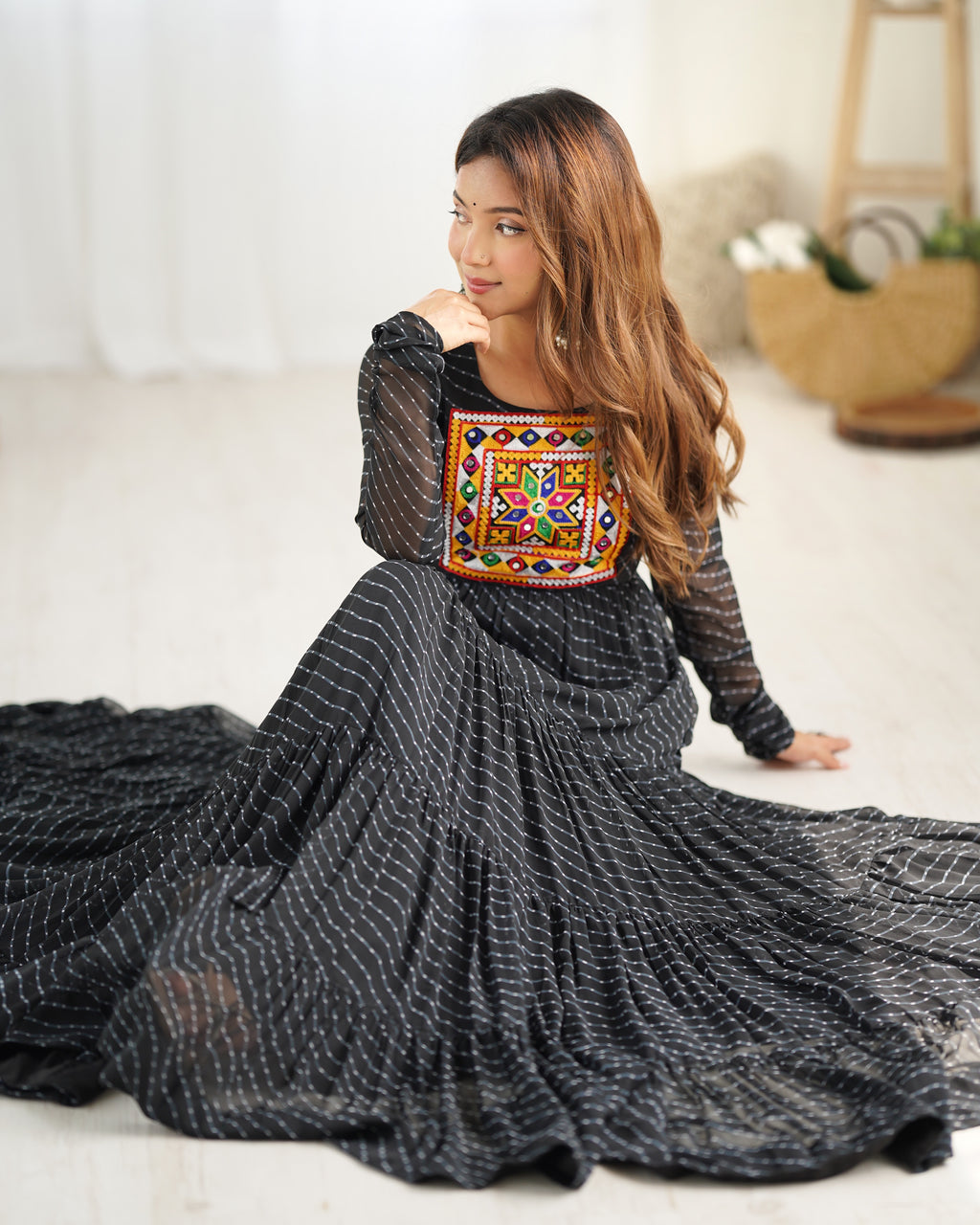 NKB-43 PURE SOFT FOX GEORGETTE LAHERIYA PRINT FABRIC FULLY FLAIR ANARKALI FULLY STTICHED GOWN READY TO WEAR BLACK