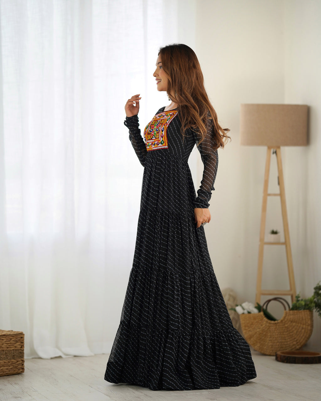 NKB-43 PURE SOFT FOX GEORGETTE LAHERIYA PRINT FABRIC FULLY FLAIR ANARKALI FULLY STTICHED GOWN READY TO WEAR BLACK