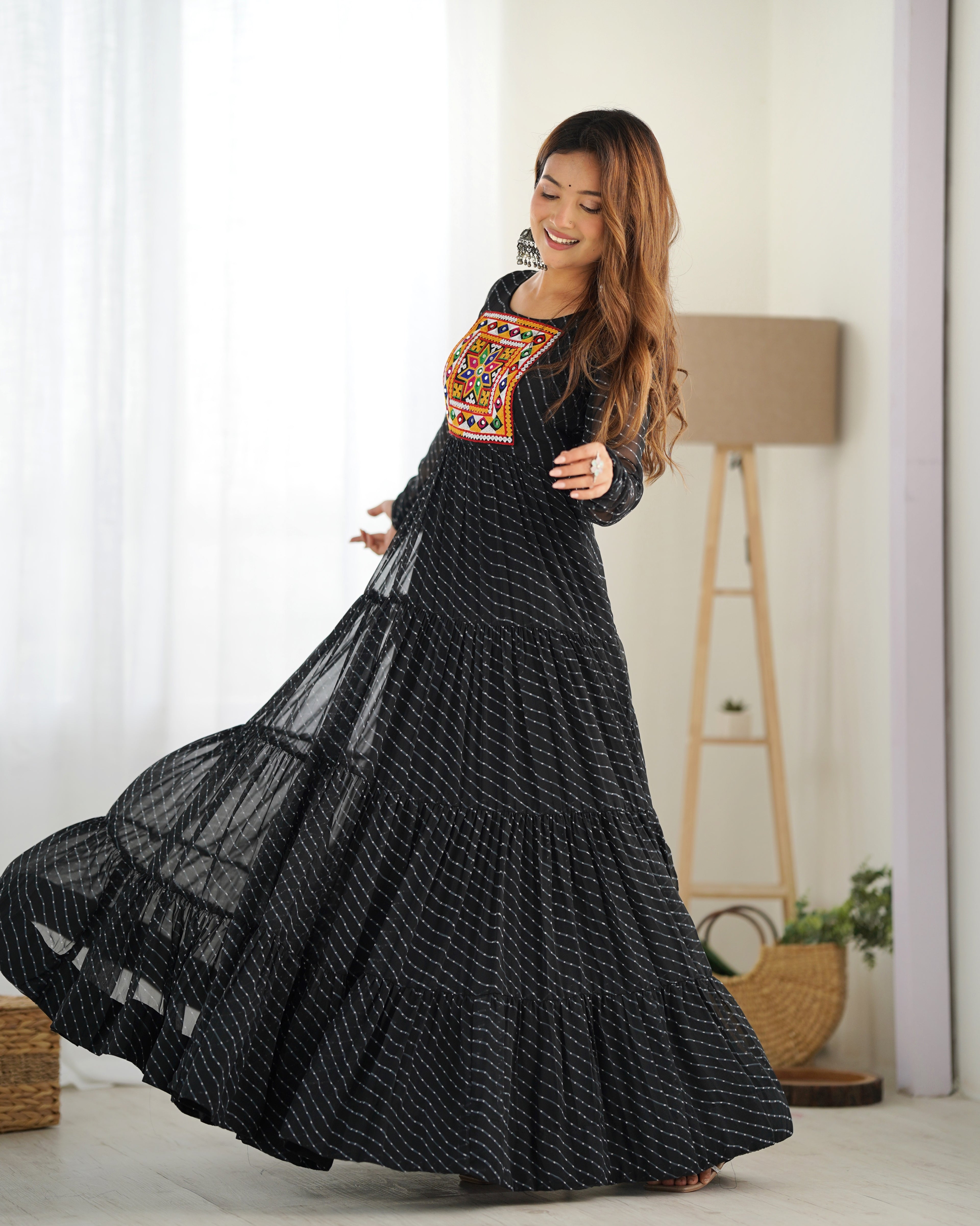 NKB-43 PURE SOFT FOX GEORGETTE LAHERIYA PRINT FABRIC FULLY FLAIR ANARKALI FULLY STTICHED GOWN READY TO WEAR BLACK