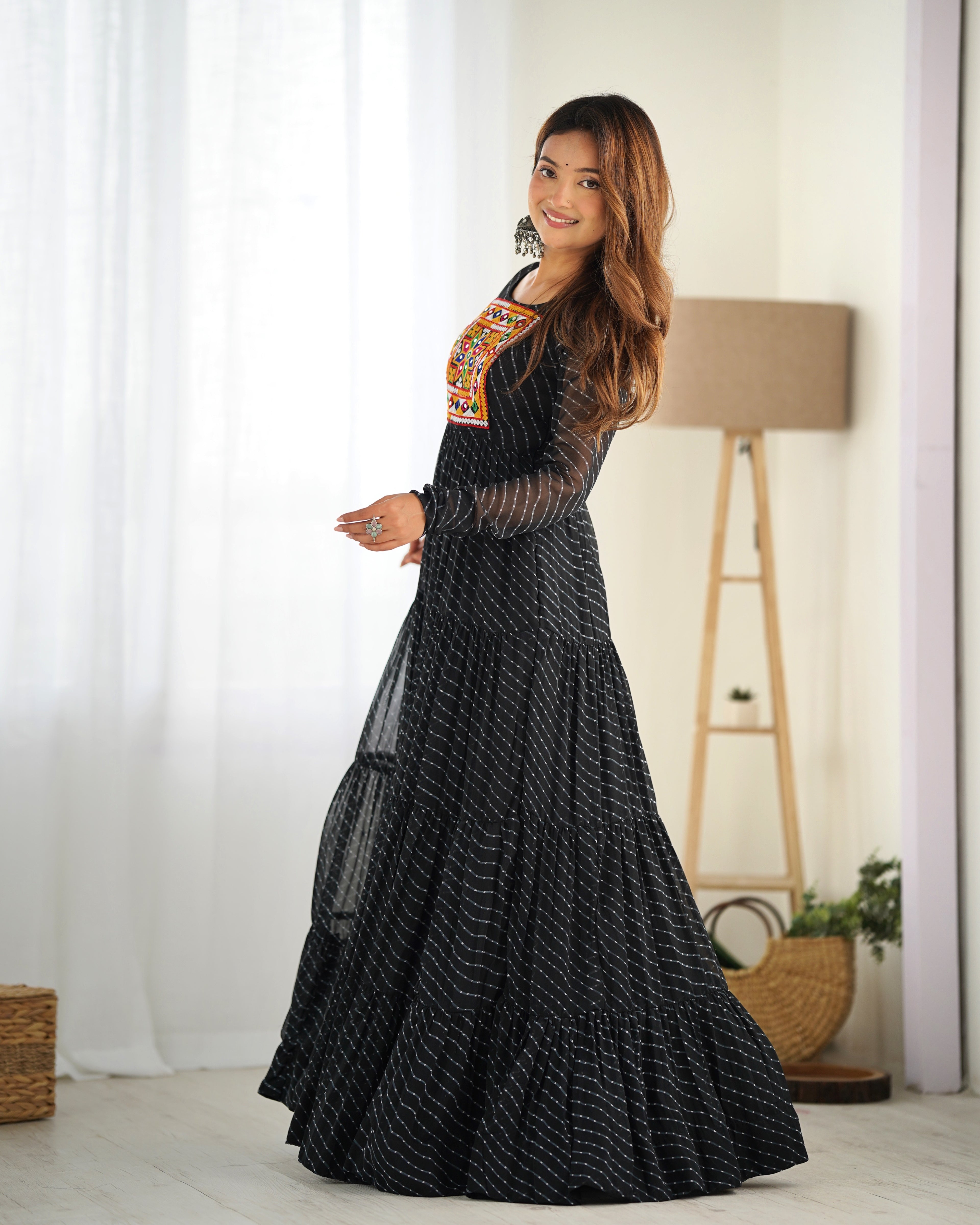 NKB-43 PURE SOFT FOX GEORGETTE LAHERIYA PRINT FABRIC FULLY FLAIR ANARKALI FULLY STTICHED GOWN READY TO WEAR BLACK