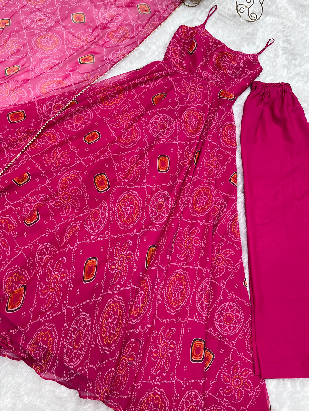 NKB-31BOTTLE GREEN AND PINK PRESENTING NEW DESIGNER PURE SOFT LIGHTWEIGHT CHIFFON BANDHEJ FULLY FLAIR GOWNDUPPTA PENT SET PINK READY TO WEAR FULLY STTICHED