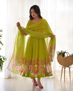 NKB-25 BLACK,CREAM PURE SOFT ORGANJA SILK FABRIC FULLY FLAIR KALI PATTERN AND CANVAS PATTA WITH DUPPTA SET PENT GREEN READY TO WEAR