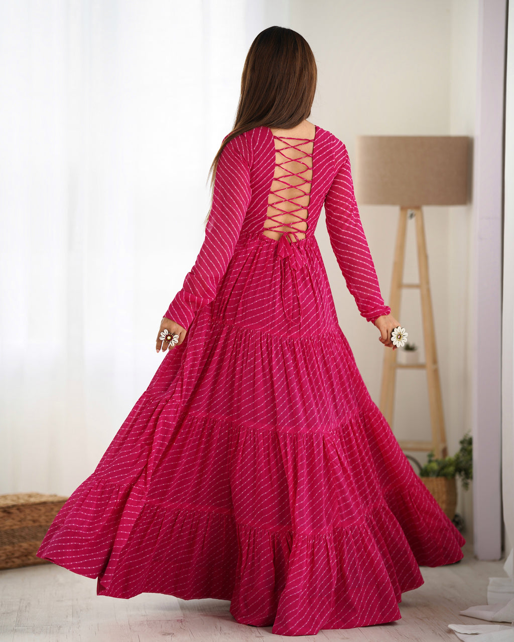 NKB-43 PURE SOFT FOX GEORGETTE LAHERIYA PRINT FABRIC FULLY FLAIR ANARKALI FULLY STTICHED GOWN READY TO WEAR PINK
