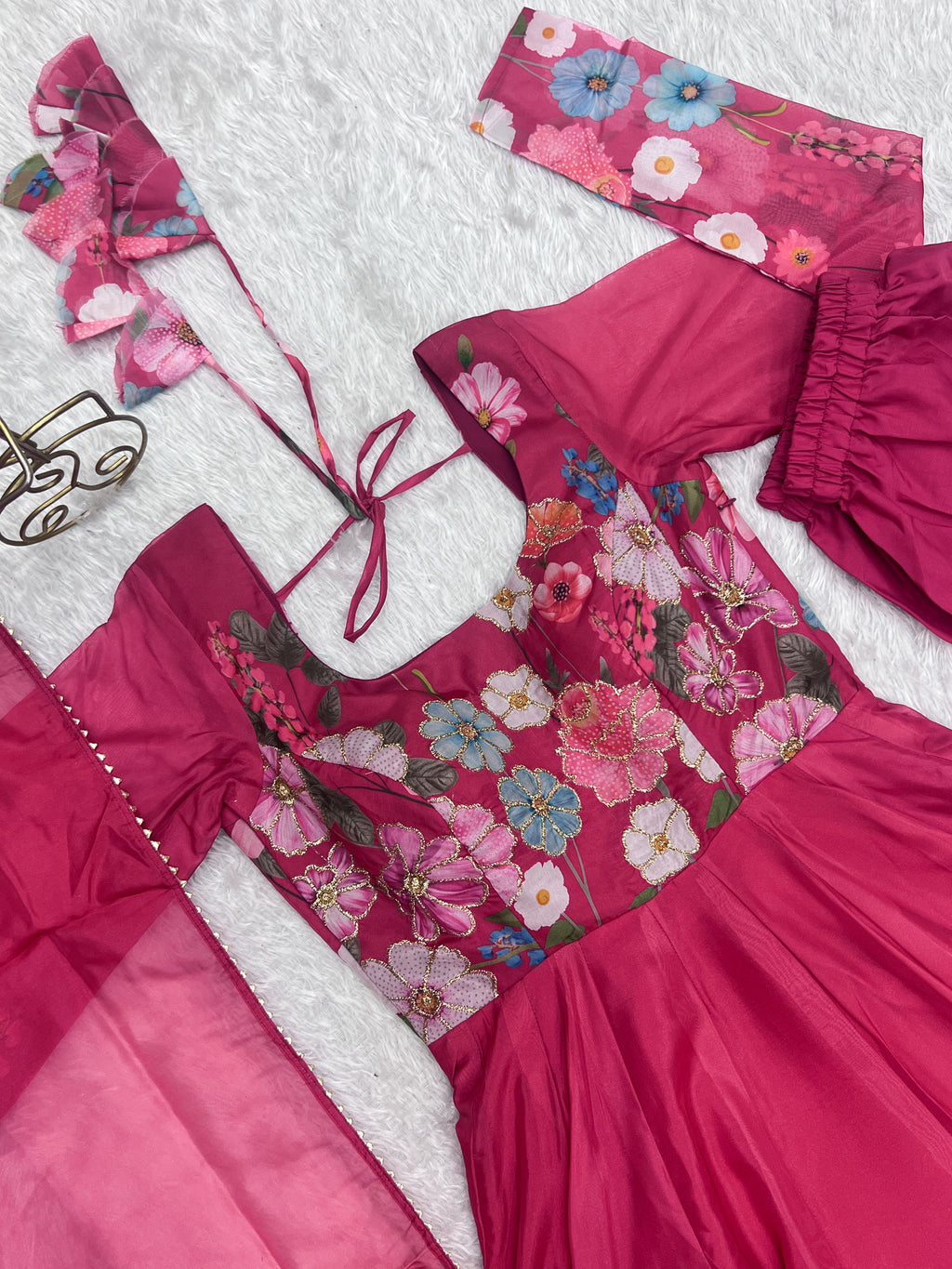 NKB-25 BLACK,CREAM PURE SOFT ORGANJA SILK FABRIC FULLY FLAIR KALI PATTERN AND CANVAS PATTA WITH DUPPTA SET PENT PINK READY TO WEAR