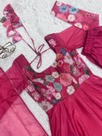 NKB-25 BLACK,CREAM PURE SOFT ORGANJA SILK FABRIC FULLY FLAIR KALI PATTERN AND CANVAS PATTA WITH DUPPTA SET PENT PINK READY TO WEAR