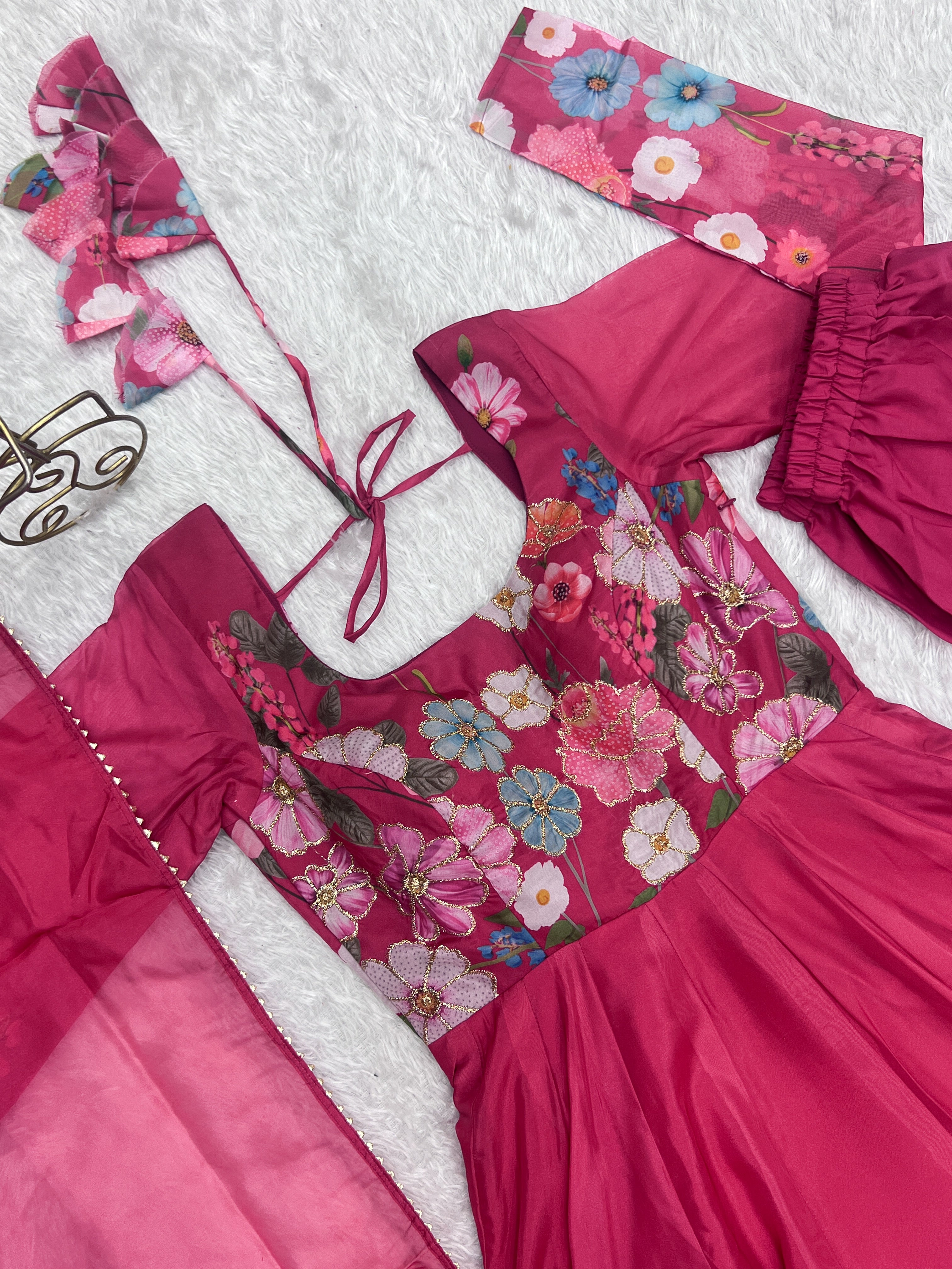 NKB-25 BLACK,CREAM PURE SOFT ORGANJA SILK FABRIC FULLY FLAIR KALI PATTERN AND CANVAS PATTA WITH DUPPTA SET PENT PINK READY TO WEAR