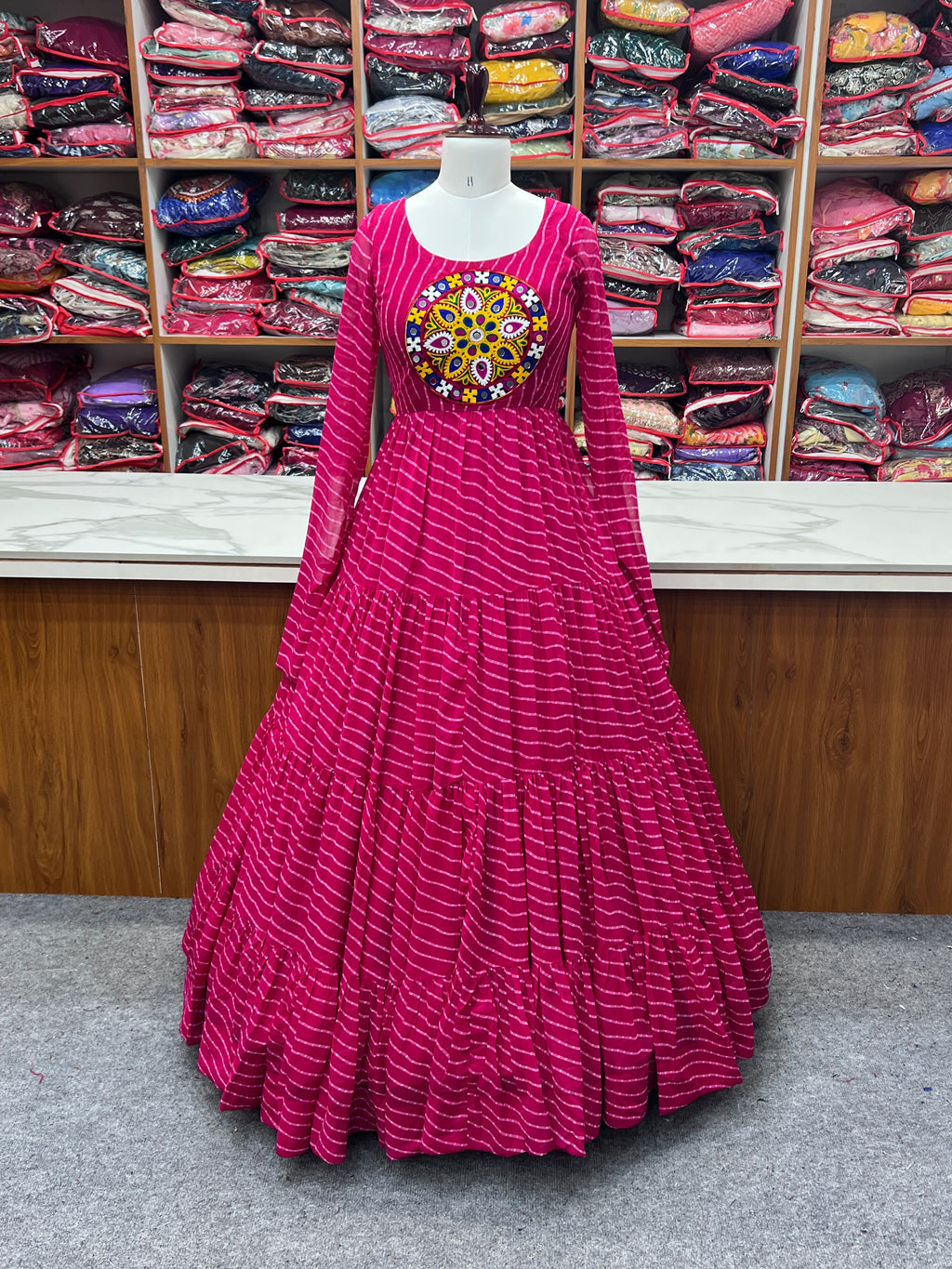 NKB-43 PURE SOFT FOX GEORGETTE LAHERIYA PRINT FABRIC FULLY FLAIR ANARKALI FULLY STTICHED GOWN READY TO WEAR PINK