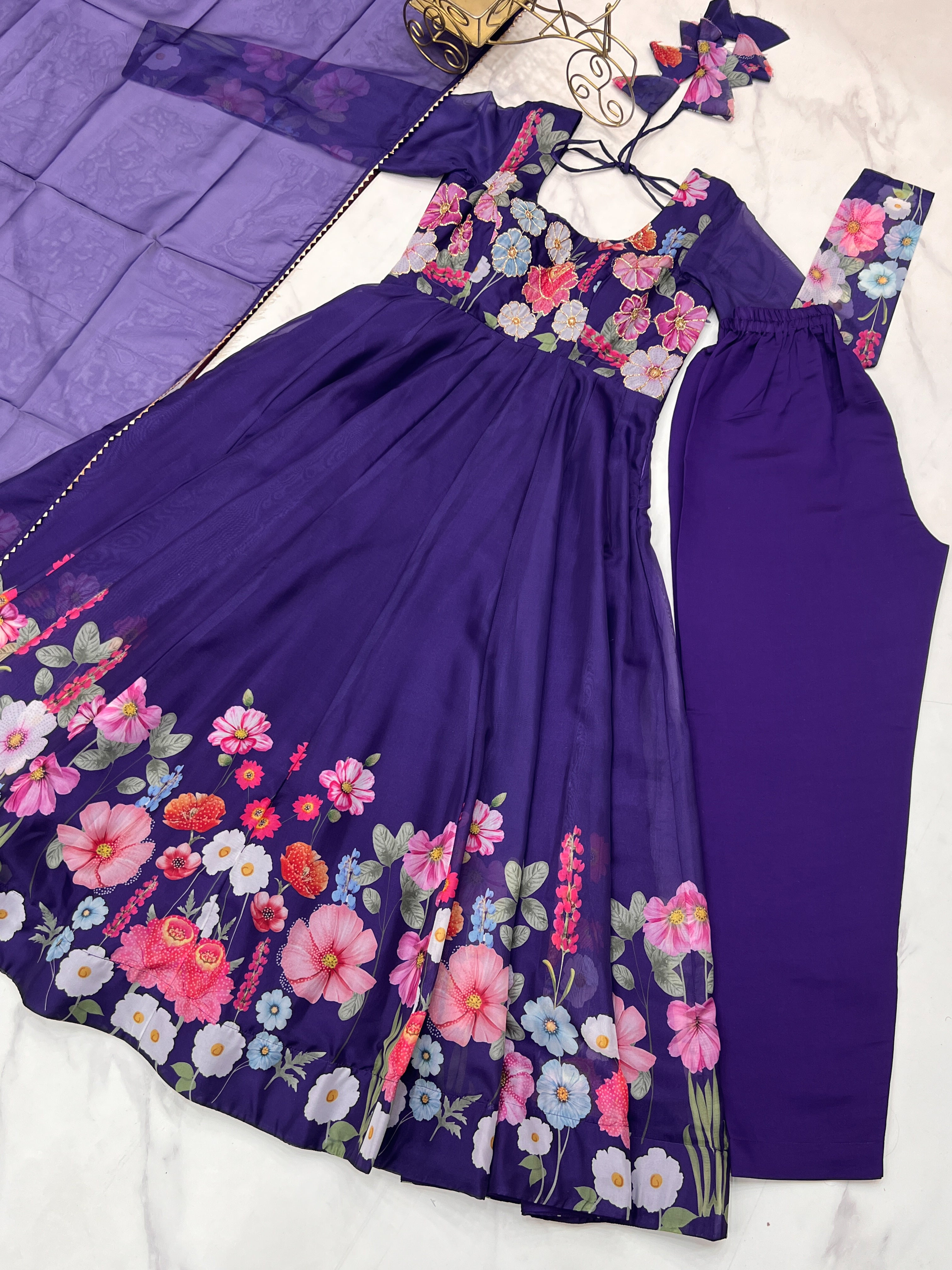 NKB-25 BLACK,CREAM PURE SOFT ORGANJA SILK FABRIC FULLY FLAIR KALI PATTERN AND CANVAS PATTA WITH DUPPTA SET PENT BLUE READY TO WEAR