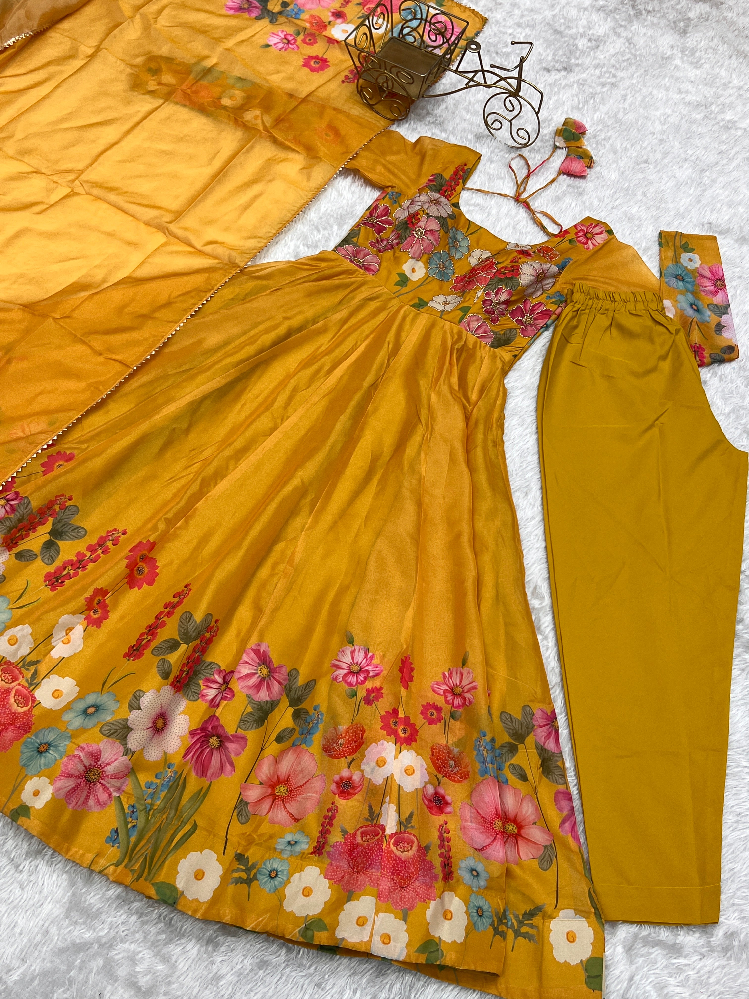 NKB-25 BLACK,CREAM PURE SOFT ORGANJA SILK FABRIC FULLY FLAIR KALI PATTERN AND CANVAS PATTA WITH DUPPTA SET PENT YELLOW READY TO WEAR