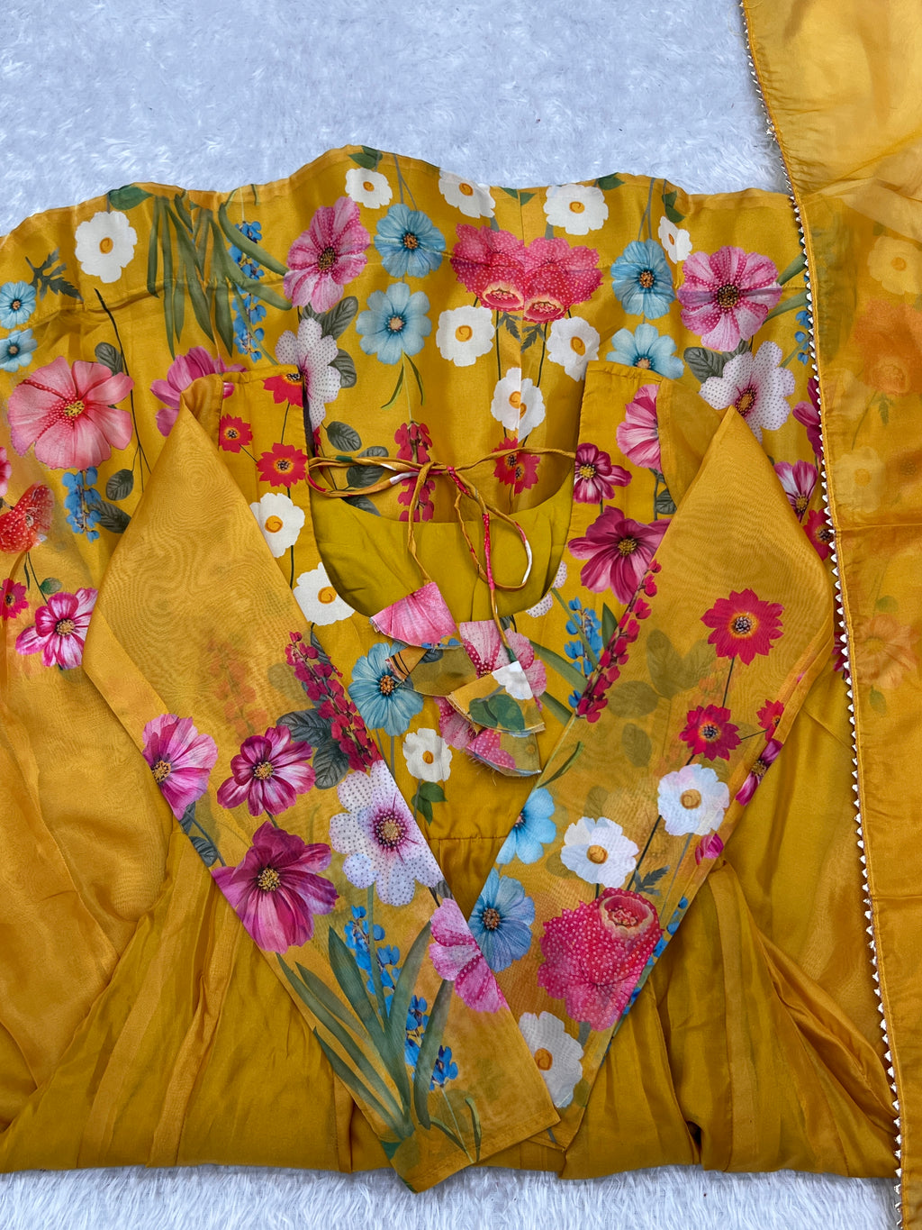 NKB-25 BLACK,CREAM PURE SOFT ORGANJA SILK FABRIC FULLY FLAIR KALI PATTERN AND CANVAS PATTA WITH DUPPTA SET PENT YELLOW READY TO WEAR