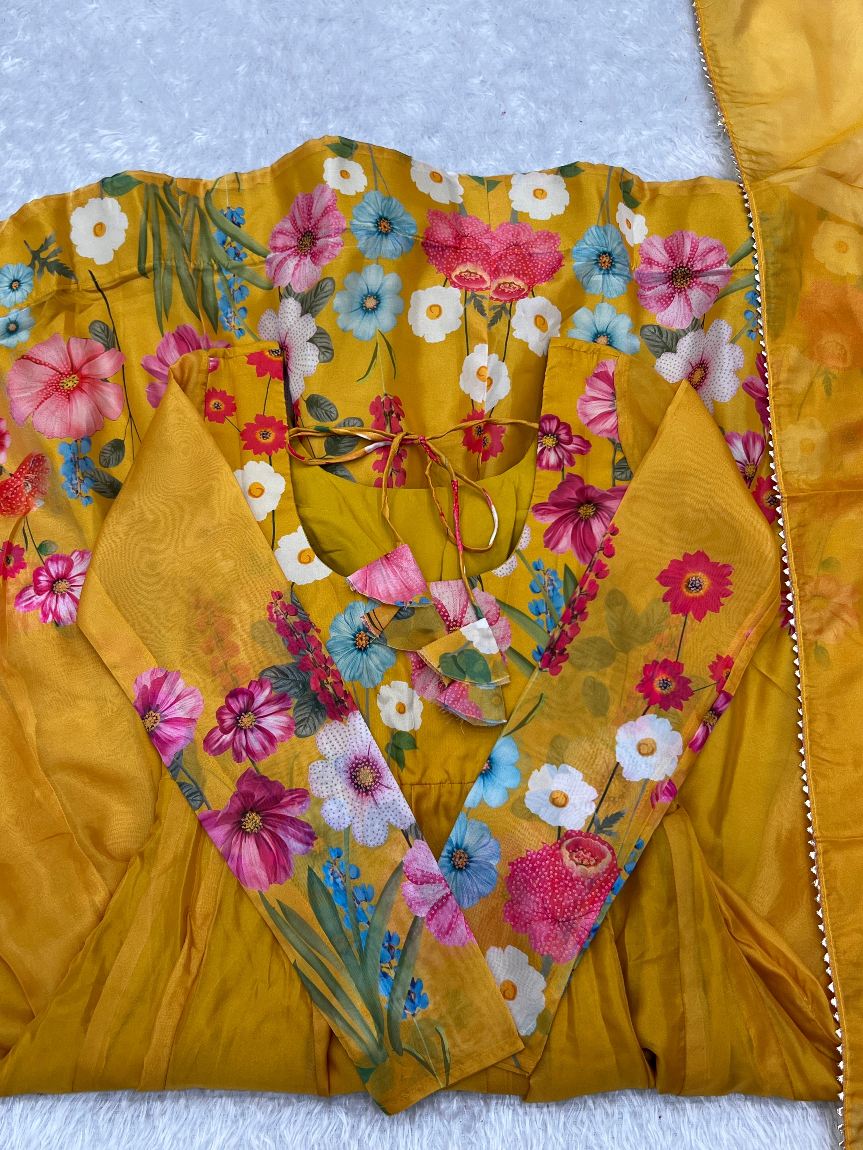 NKB-25 BLACK,CREAM PURE SOFT ORGANJA SILK FABRIC FULLY FLAIR KALI PATTERN AND CANVAS PATTA WITH DUPPTA SET PENT YELLOW READY TO WEAR