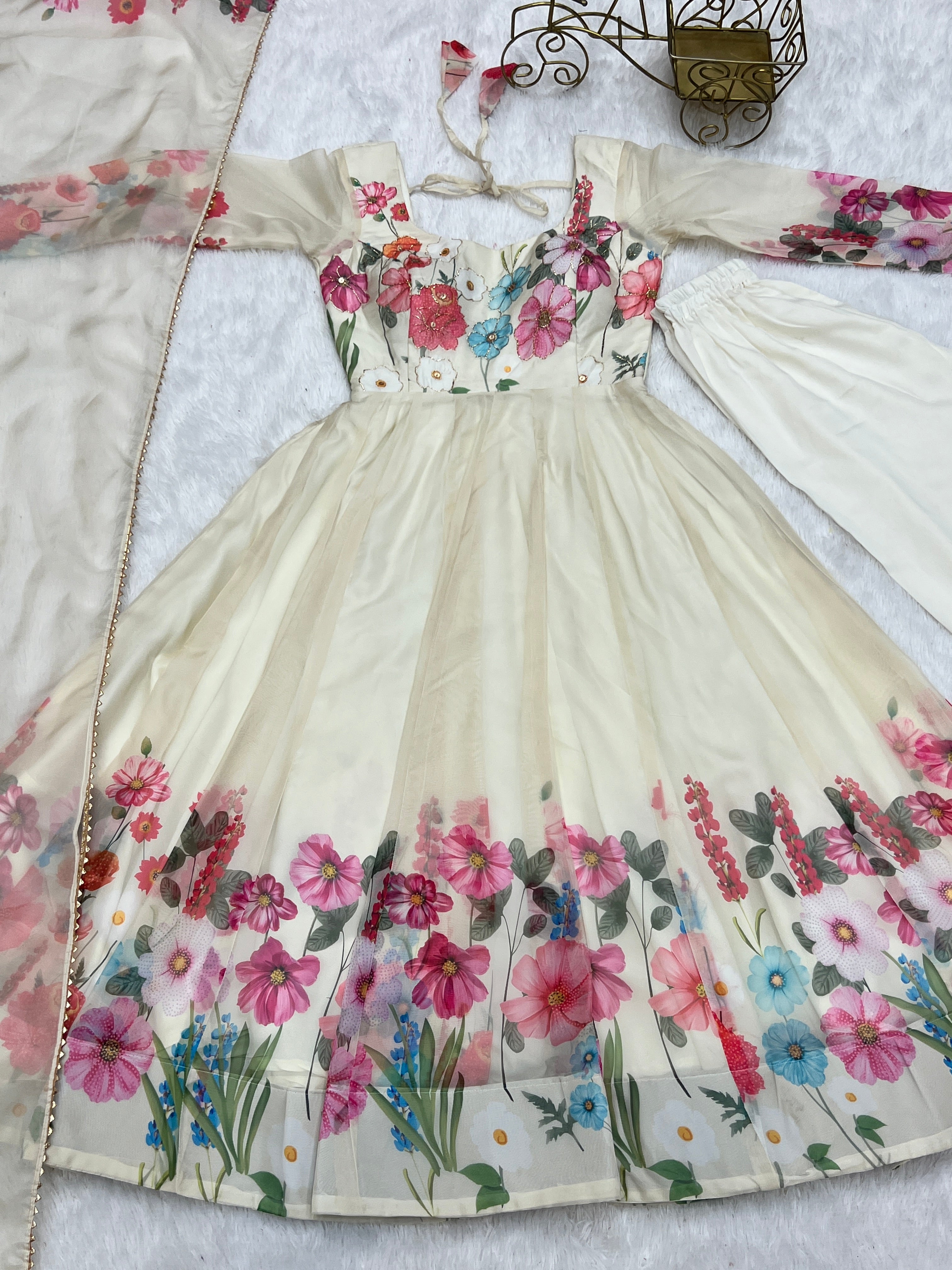 NKB-25 BLACK,CREAM PURE SOFT ORGANJA SILK FABRIC FULLY FLAIR KALI PATTERN AND CANVAS PATTA WITH DUPPTA SET PENT WHITE READY TO WEAR