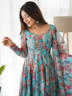 NKB-16 SKY,RED HEAVY PURE SOFT TABBY ORGANJA SILK PRINT FULLY FLAIR KALI PATTERN AND CANVAS PATTA WITH DUPPTA SET PENT READY TO WEAR SKY RED