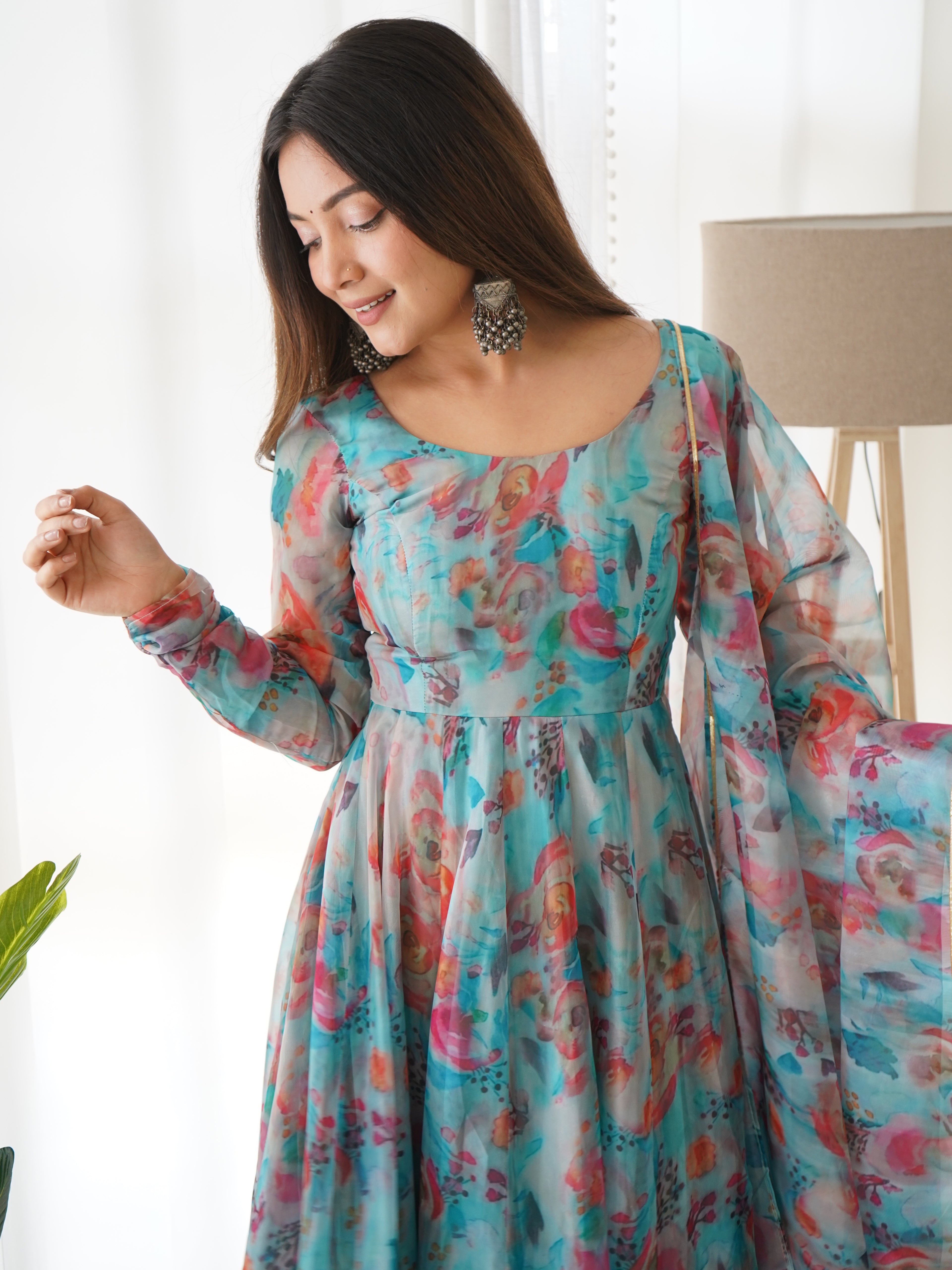 NKB-16 SKY,RED HEAVY PURE SOFT TABBY ORGANJA SILK PRINT FULLY FLAIR KALI PATTERN AND CANVAS PATTA WITH DUPPTA SET PENT READY TO WEAR SKY RED