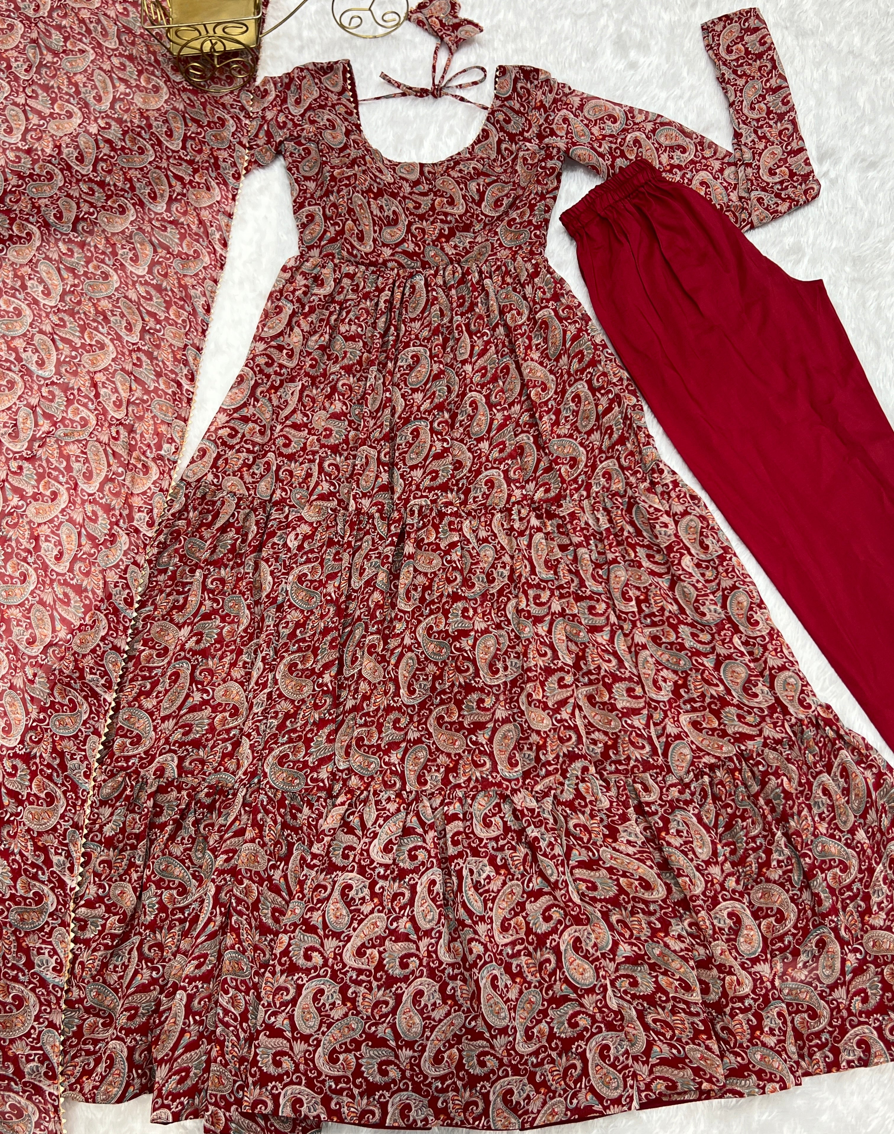 NKB-34 PURE SOFT FOX GEORGETTE KALAMKARI PRINT FABRIC FULLY FLAIR ANARKALI WITH DUPPTA SET PENT MULTICOLOR  READY TO WEAR