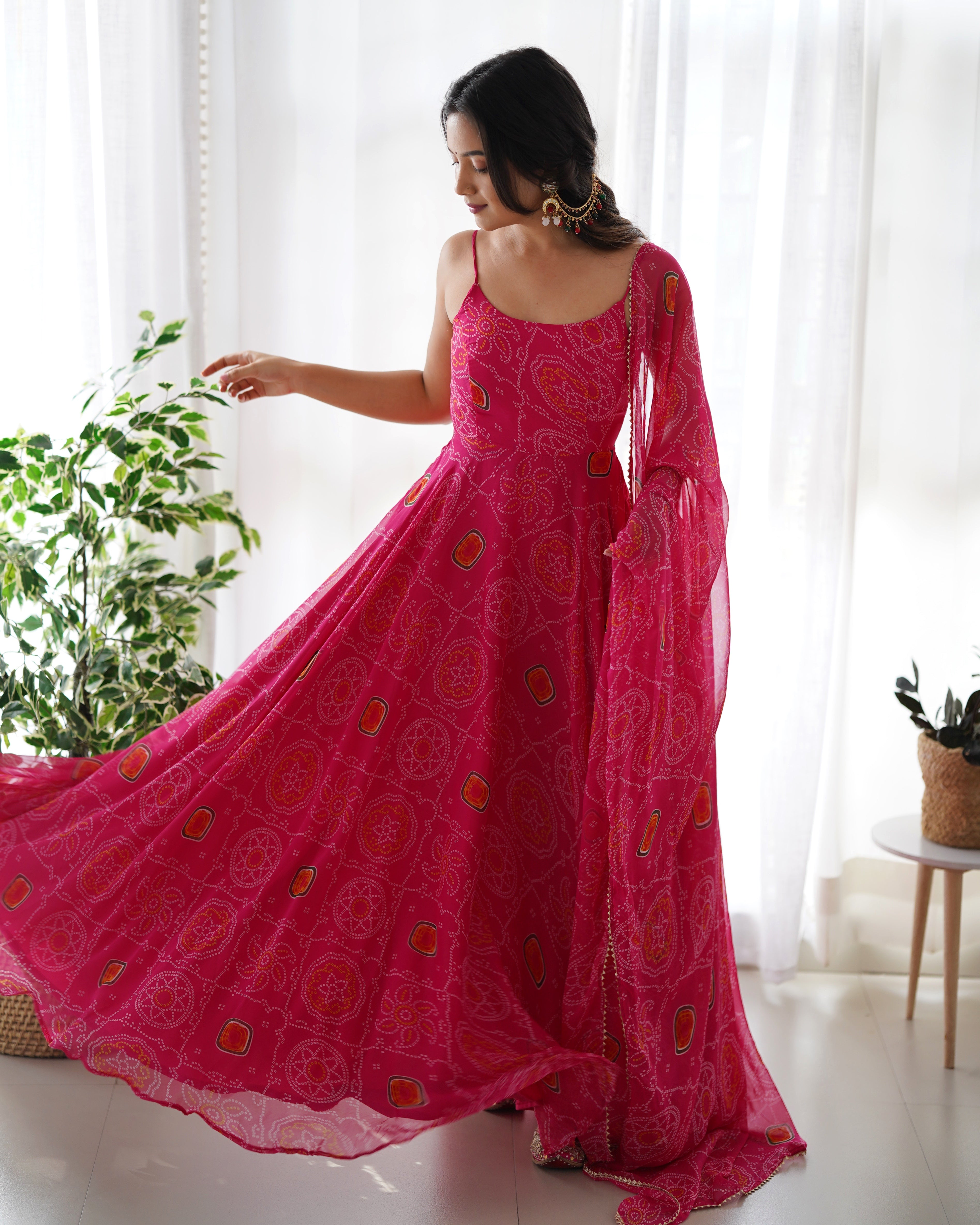 NKB-31BOTTLE GREEN AND PINK PRESENTING NEW DESIGNER PURE SOFT LIGHTWEIGHT CHIFFON BANDHEJ FULLY FLAIR GOWNDUPPTA PENT SET PINK READY TO WEAR FULLY STTICHED