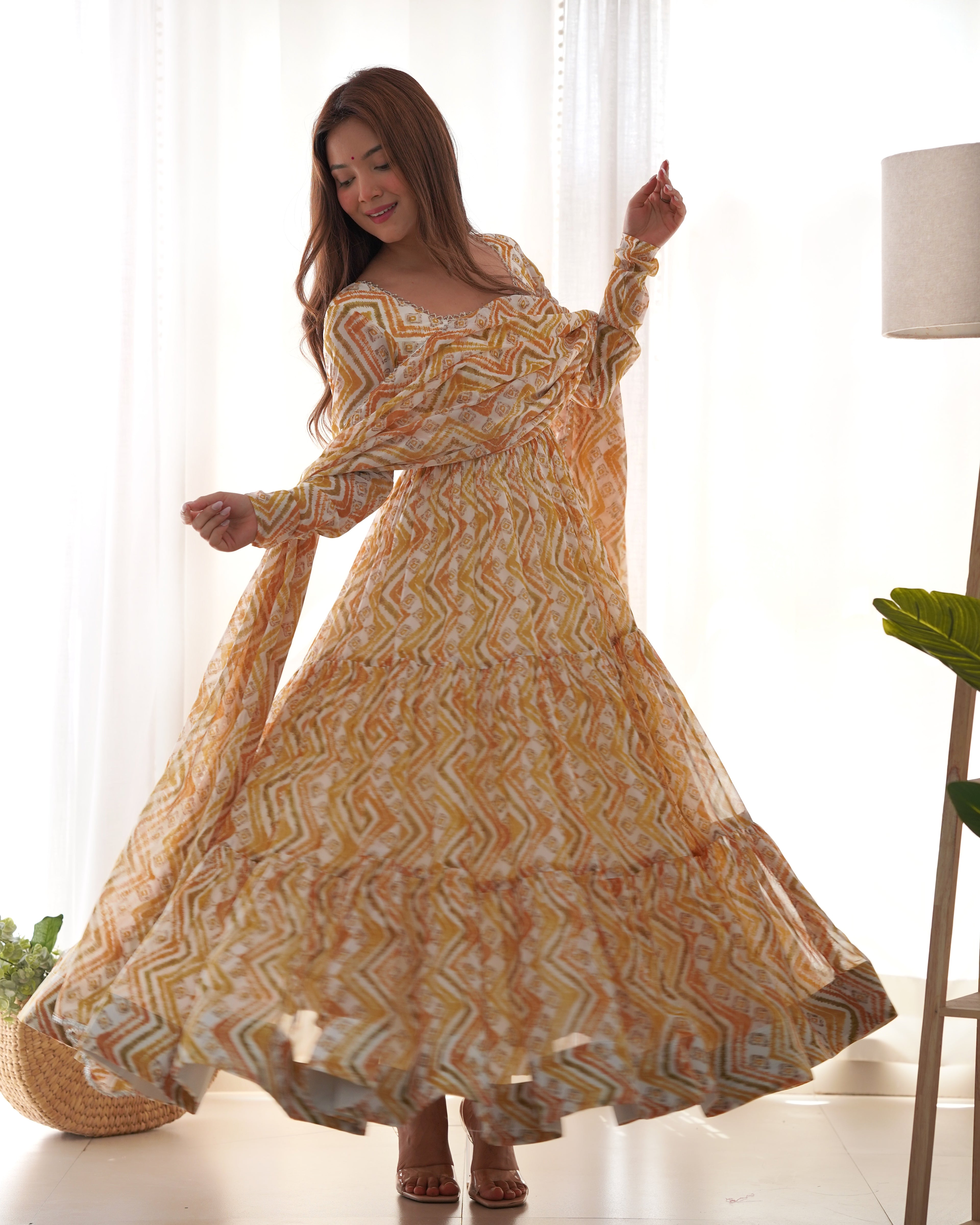 NKB-41 PURE SOFT FOX GEORGETTE ZIGZAG PRINT FABRIC FULLY FLAIR ANARKALI WITH DUPPTA SET PENT READY TO WEAR MULTIYELLOW