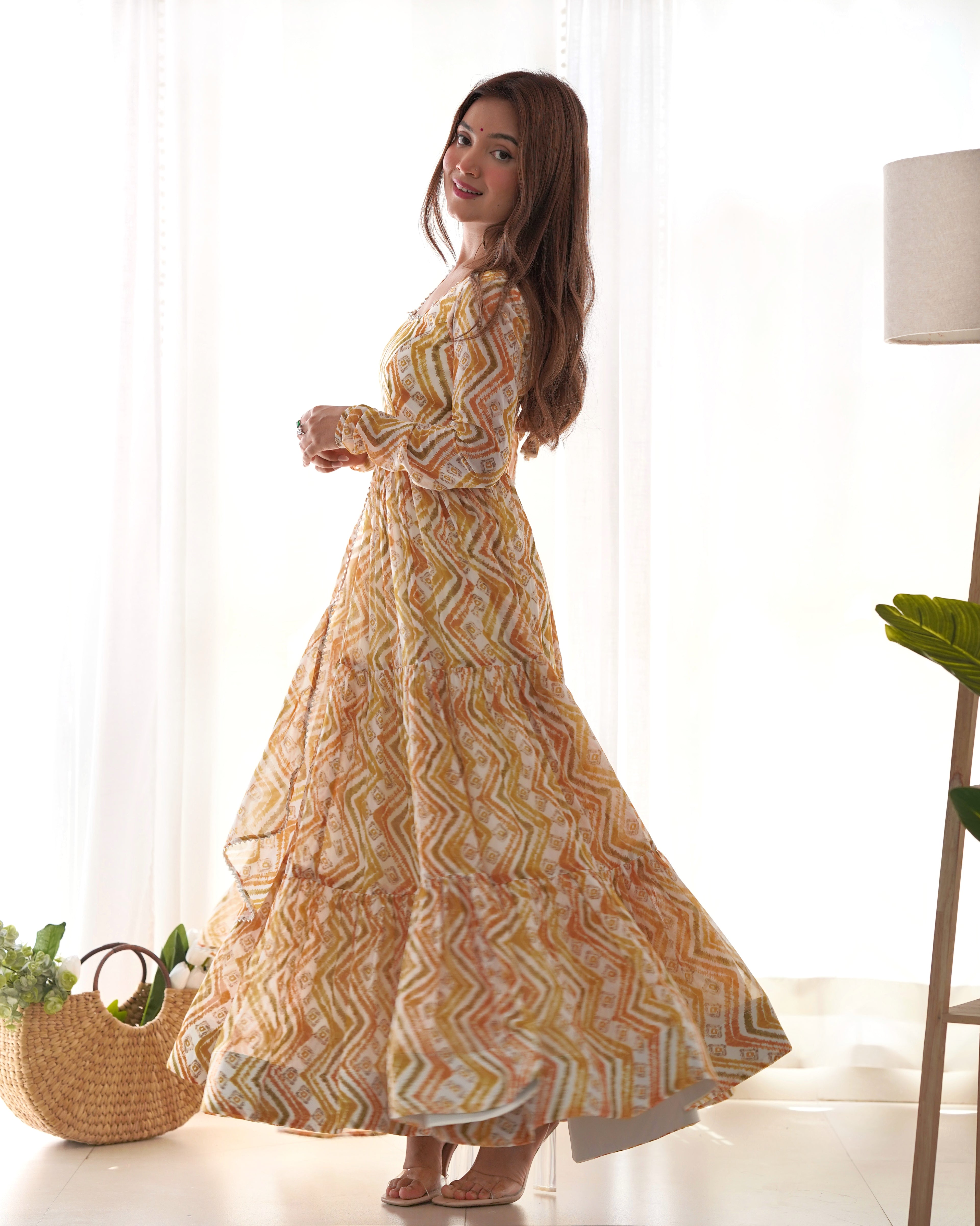 NKB-41 PURE SOFT FOX GEORGETTE ZIGZAG PRINT FABRIC FULLY FLAIR ANARKALI WITH DUPPTA SET PENT READY TO WEAR MULTIYELLOW