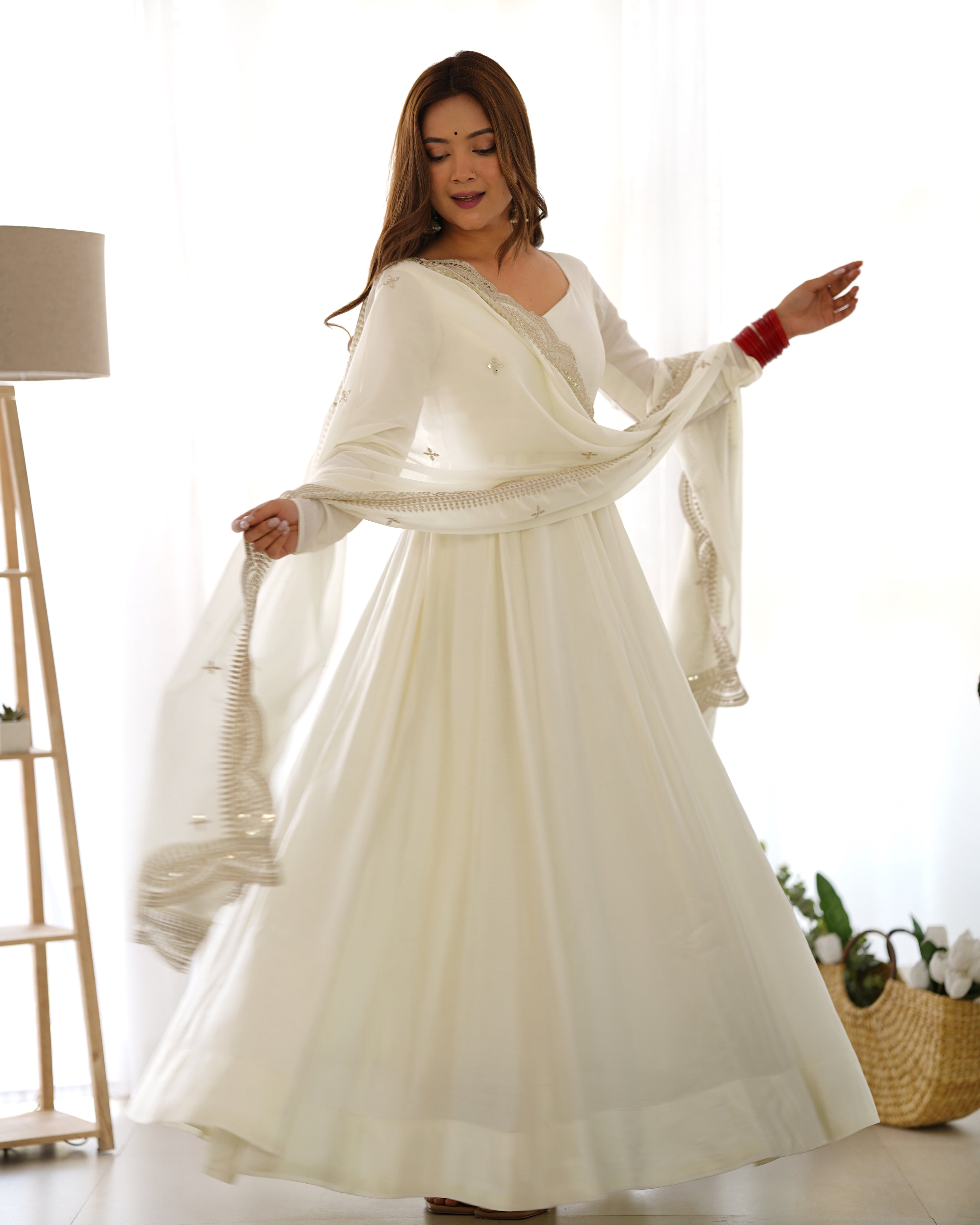 NKB-40 PRESENTING NEW PREMIUM QUALITY PURE ROMANSILK CHANDERI FABRIC FULLY FLAIR ANARKALI WITH DUPPTA SET PENT READY TO WEAR OFFWHITE