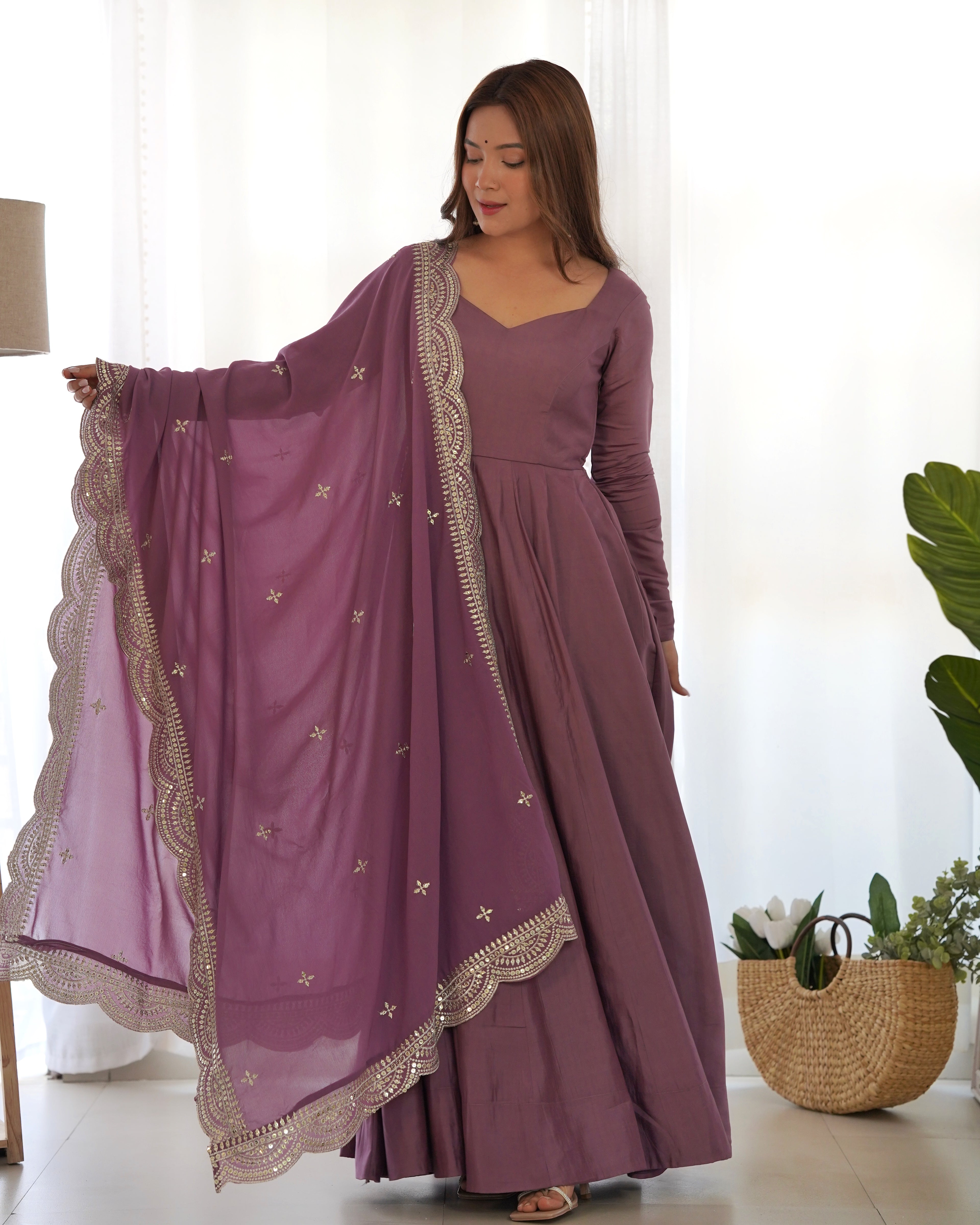 NKB-40 PRESENTING NEW PREMIUM QUALITY PURE ROMANSILK CHANDERI FABRIC FULLY FLAIR ANARKALI WITH DUPPTA SET PENT READY TO WEAR MAUVE