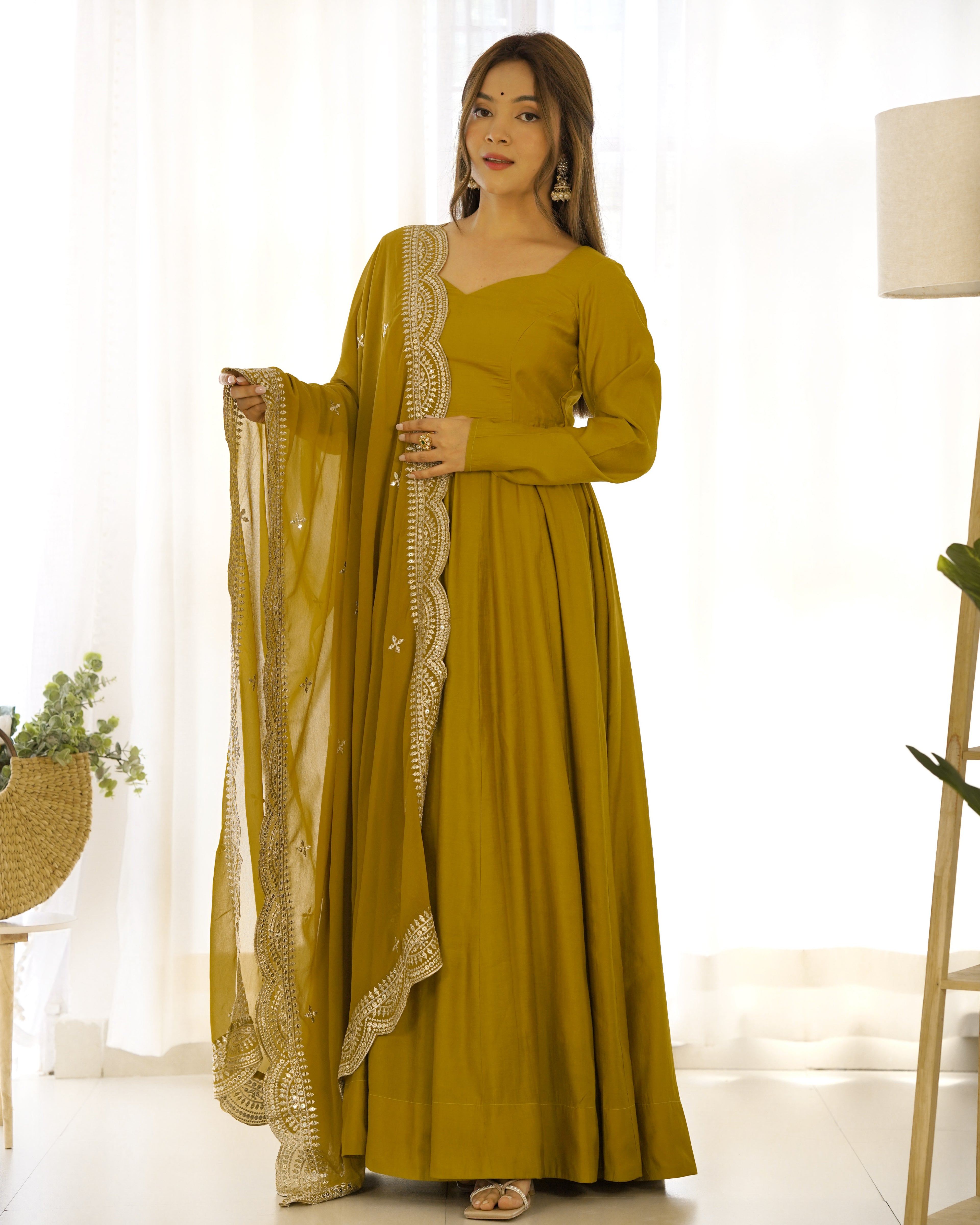 NKB-40 PRESENTING NEW PREMIUM QUALITY PURE ROMANSILK CHANDERI FABRIC FULLY FLAIR ANARKALI WITH DUPPTA SET PENT READY TO WEAR MUSTARD