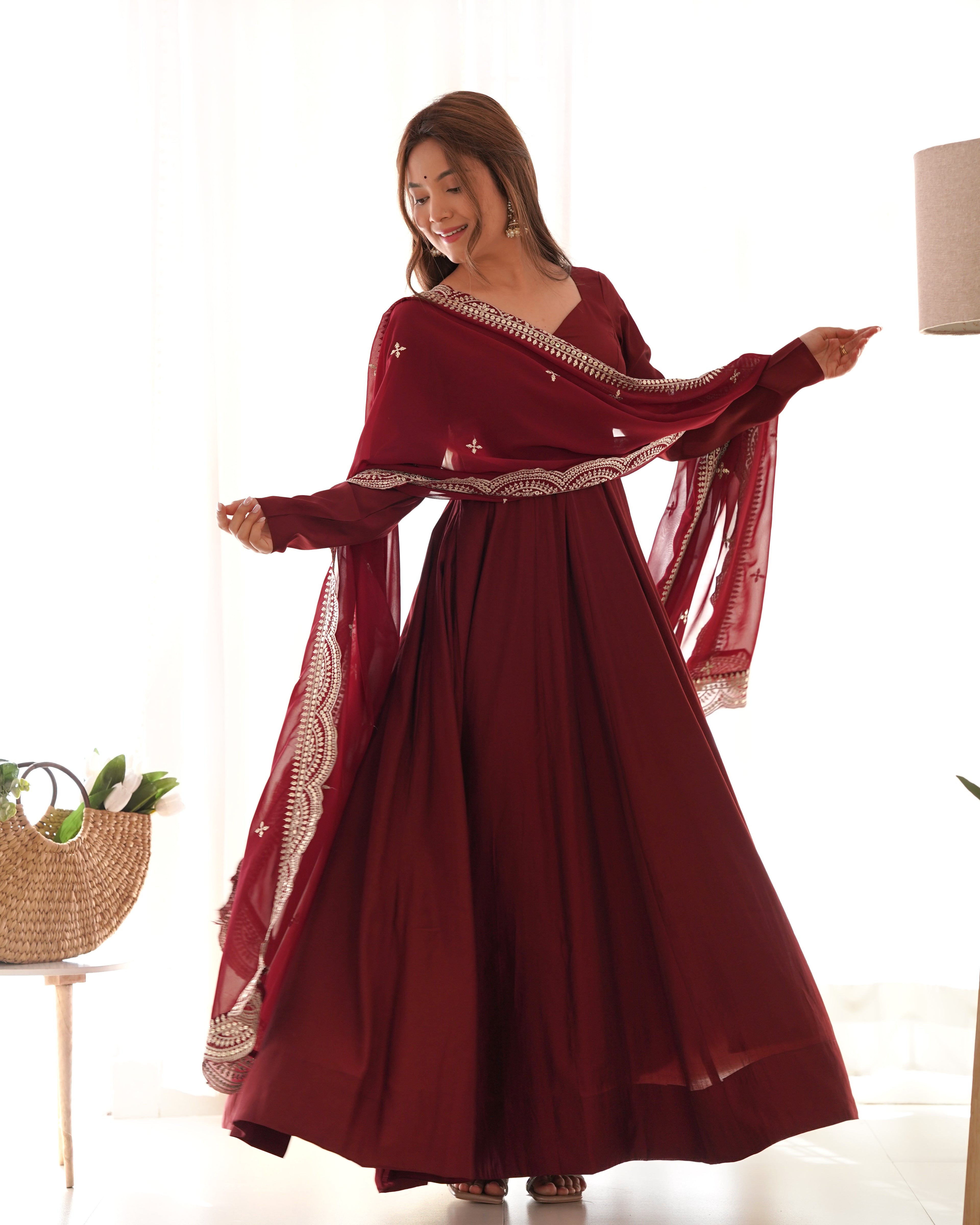 NKB-40 PRESENTING NEW PREMIUM QUALITY PURE ROMANSILK CHANDERI FABRIC FULLY FLAIR ANARKALI WITH DUPPTA SET PENT READY TO WEAR MAROON