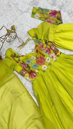 NKB-25 BLACK,CREAM PURE SOFT ORGANJA SILK FABRIC FULLY FLAIR KALI PATTERN AND CANVAS PATTA WITH DUPPTA SET PENT GREEN READY TO WEAR