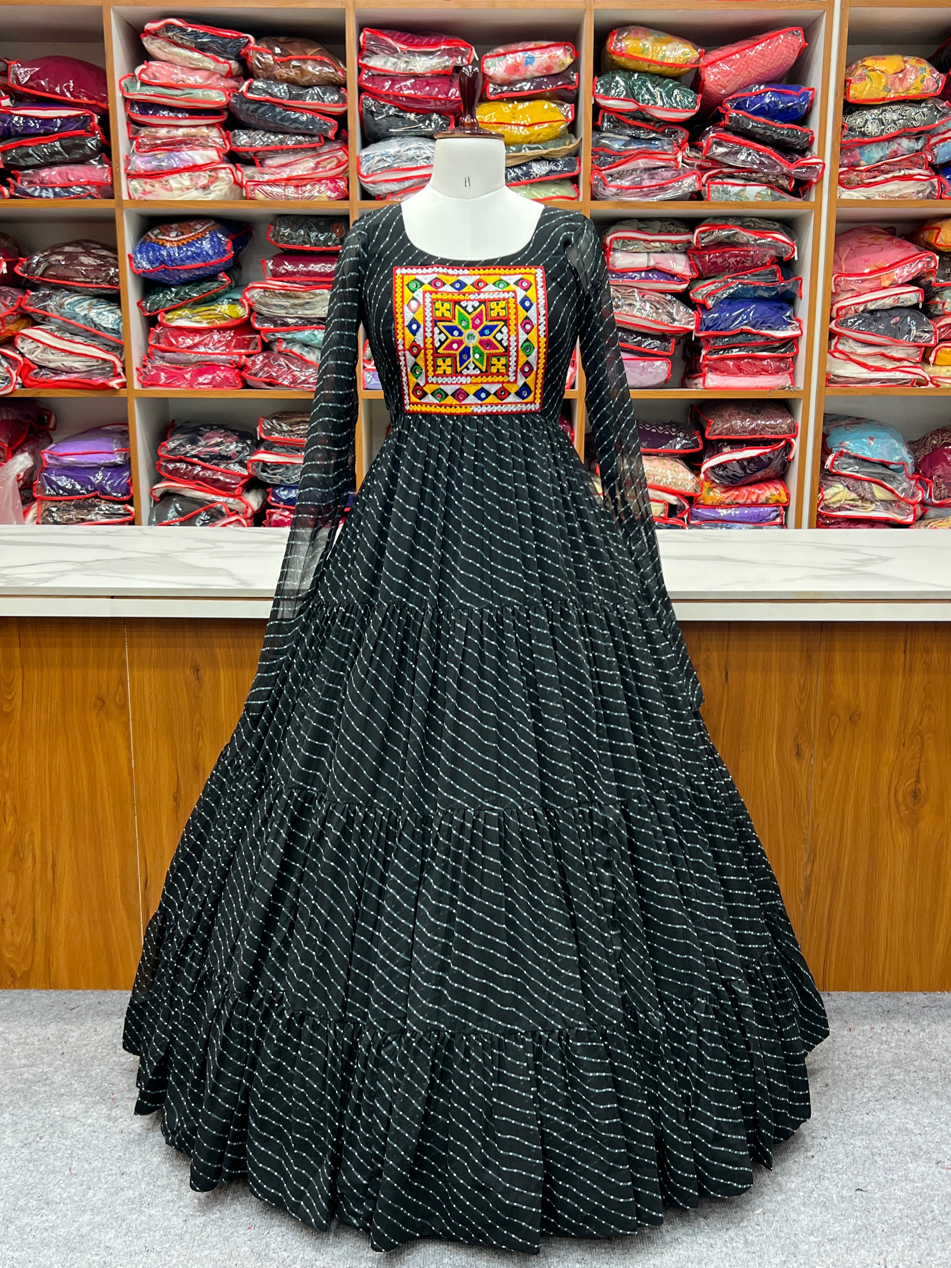NKB-43 PURE SOFT FOX GEORGETTE LAHERIYA PRINT FABRIC FULLY FLAIR ANARKALI FULLY STTICHED GOWN READY TO WEAR BLACK