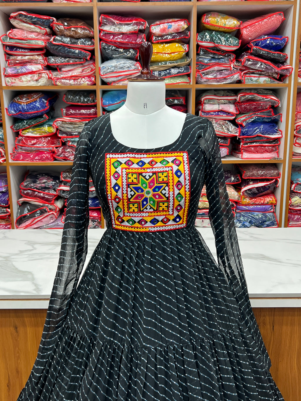 NKB-43 PURE SOFT FOX GEORGETTE LAHERIYA PRINT FABRIC FULLY FLAIR ANARKALI FULLY STTICHED GOWN READY TO WEAR BLACK