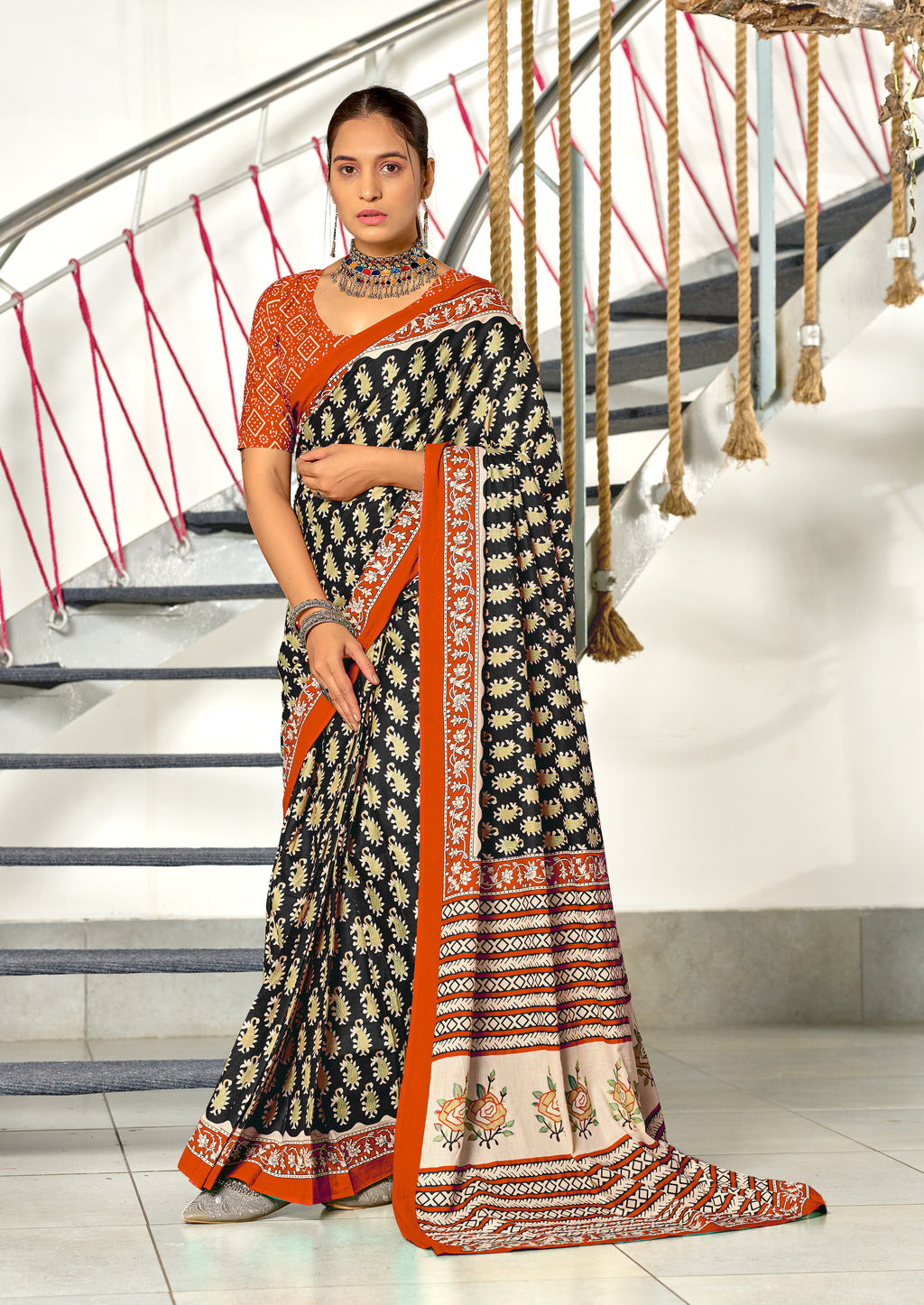 INAYAT PURE MULMUL COTTON JAIPUR PRINTD BLACK SAREE