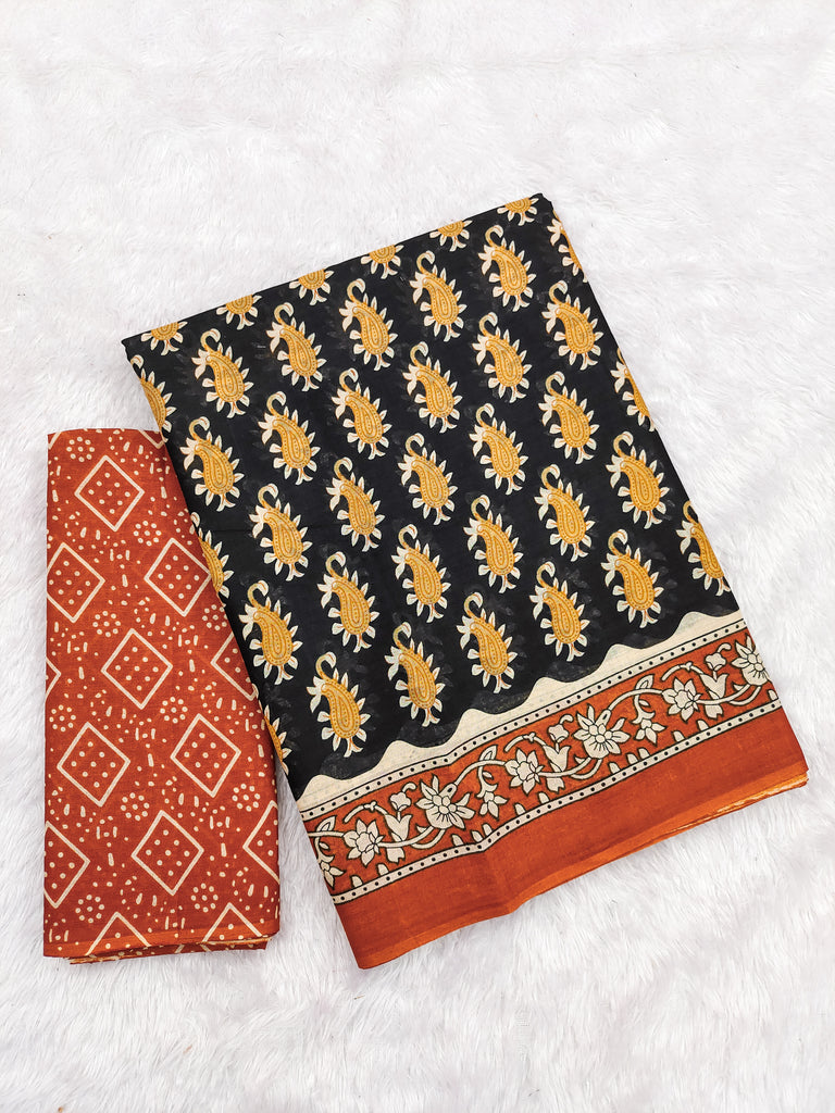 INAYAT PURE MULMUL COTTON JAIPUR PRINTD BLACK SAREE