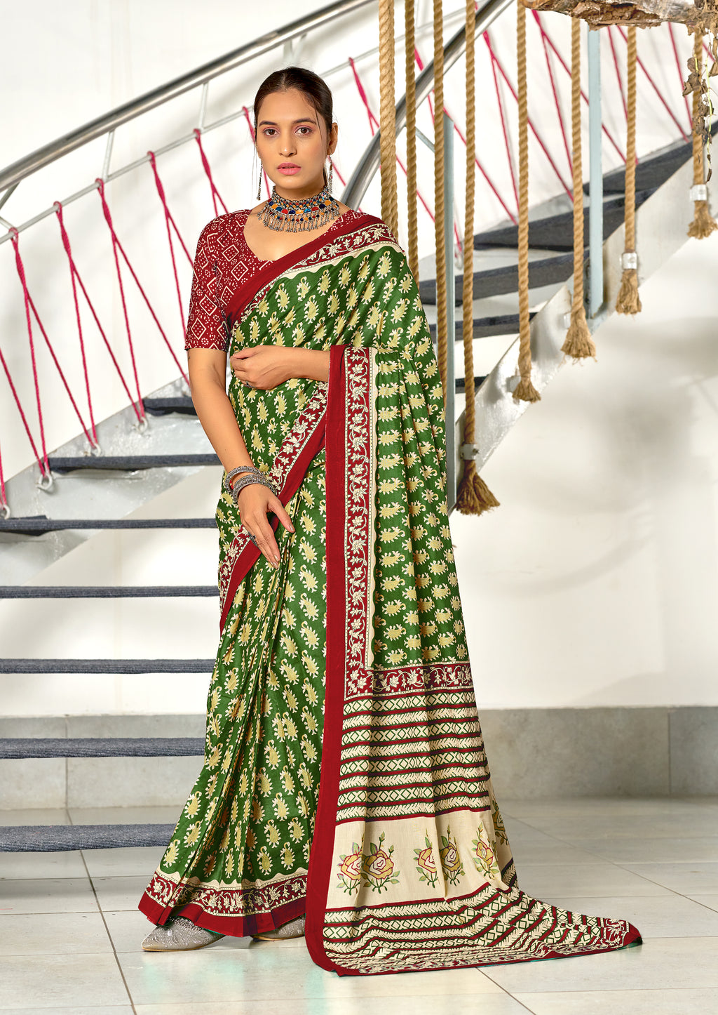 INAYAT PURE MULMUL COTTON JAIPUR PRINTD GREEN SAREE