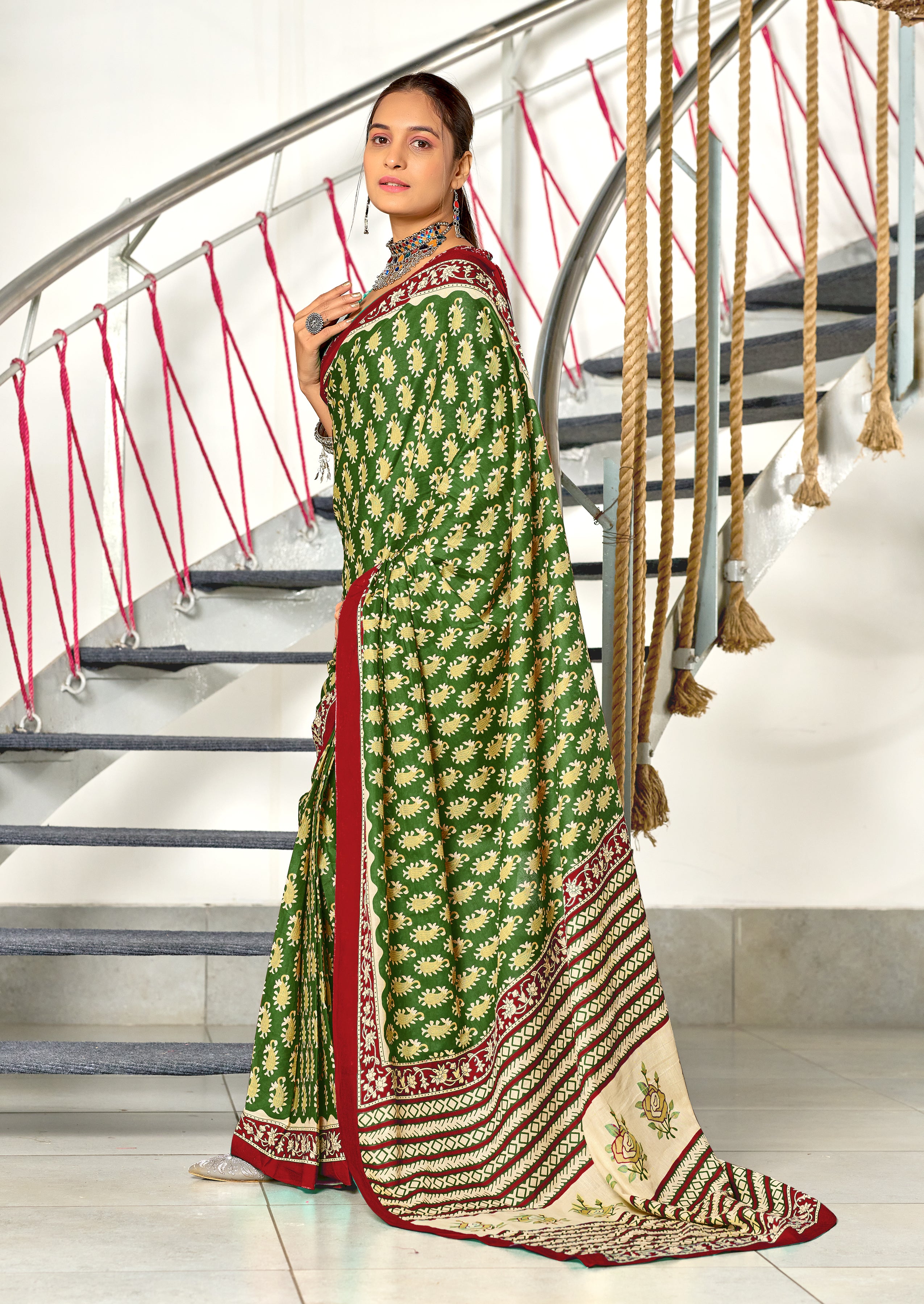 INAYAT PURE MULMUL COTTON JAIPUR PRINTD GREEN SAREE